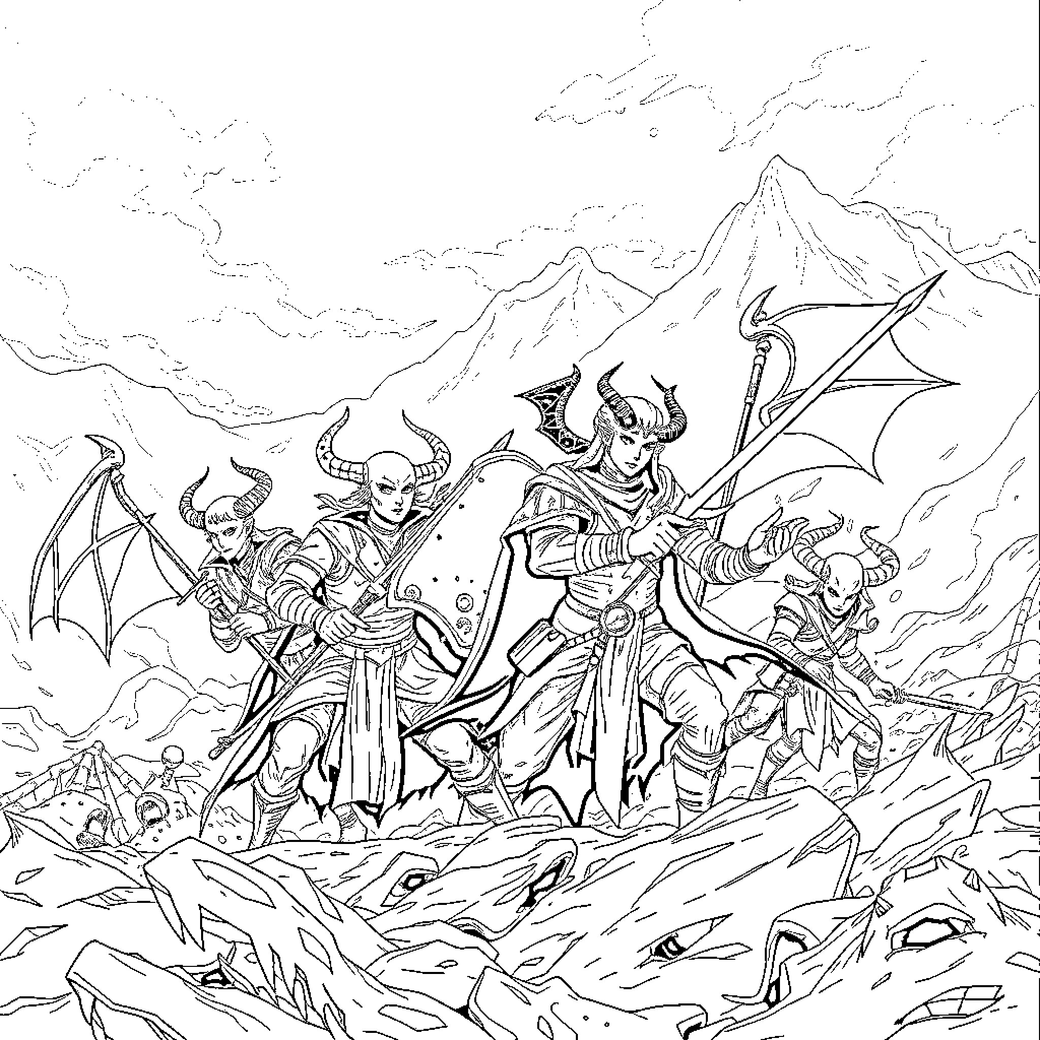 Demon Warriors Engaging in Fierce Battle on Rugged Terrain Coloring Page (free black-and-white line drawing printable PDF for all, from beginners to advanced learners, including children, teens, adults, and seniors)