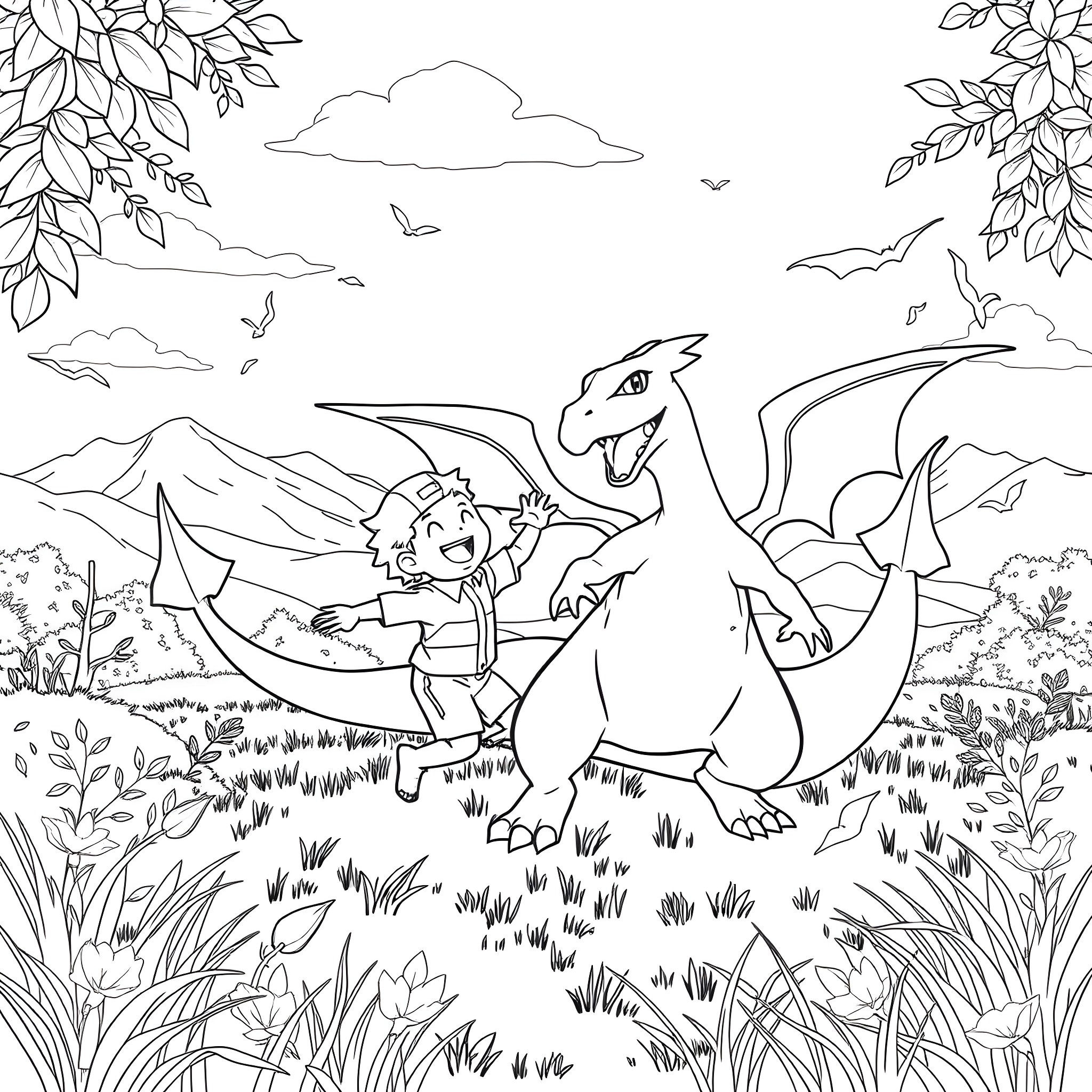 Charizard and the Young Adventurer in the Wilderness Coloring Page (free black-and-white line drawing printable PDF for all, from beginners to advanced learners, including children, teens, adults, and seniors)