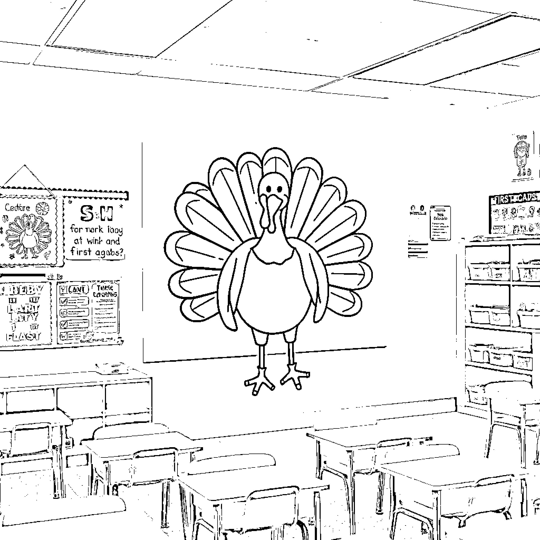 Turkey Decoration in Classroom Setting Coloring Page (free black-and-white line drawing printable PDF for all, from beginners to advanced learners, including children, teens, adults, and seniors)