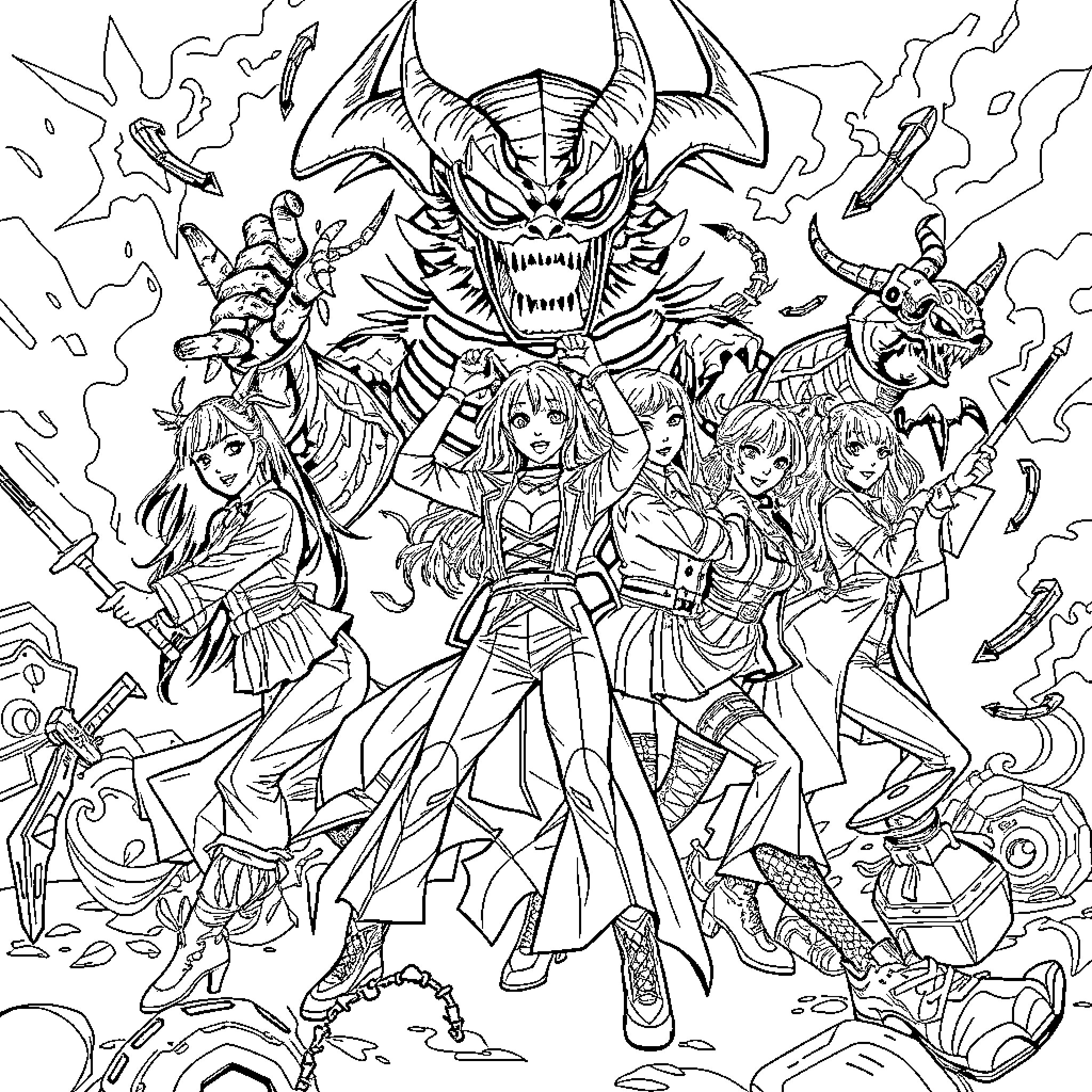 Demon Hunter Battles Fearsome Creatures in Fantastical Realm Coloring Page (free black-and-white line drawing printable PDF for all, from beginners to advanced learners, including children, teens, adults, and seniors)