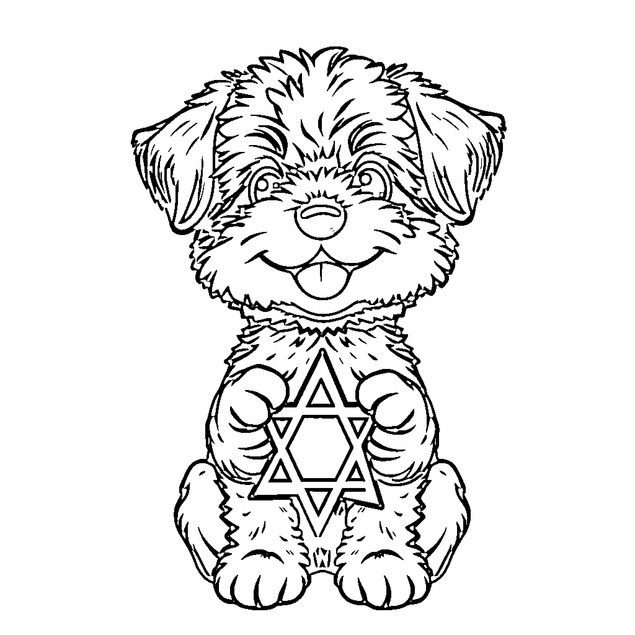 Cavoodle with Jewish symbol Coloring Page (free black-and-white line drawing printable PDF for all, from beginners to advanced learners, including children, teens, adults, and seniors)