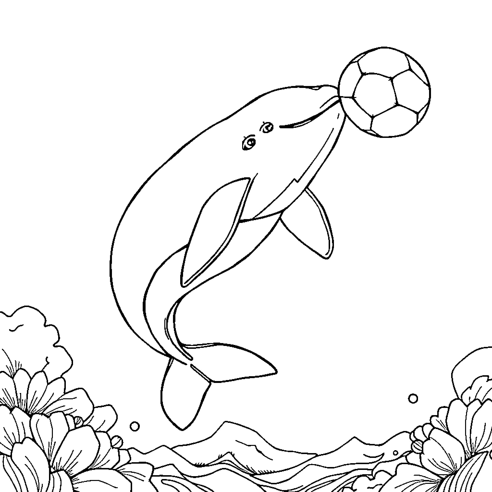 Whale juggling soccer ball in underwater garden Coloring Page (free black-and-white line drawing printable PDF for all, from beginners to advanced learners, including children, teens, adults, and seniors)