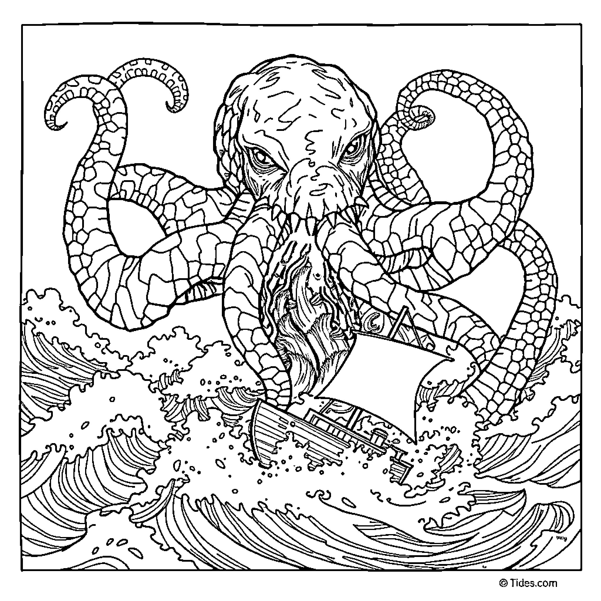 Kraken emerging from the stormy sea Coloring Page (free black-and-white line drawing printable PDF for all, from beginners to advanced learners, including children, teens, adults, and seniors)