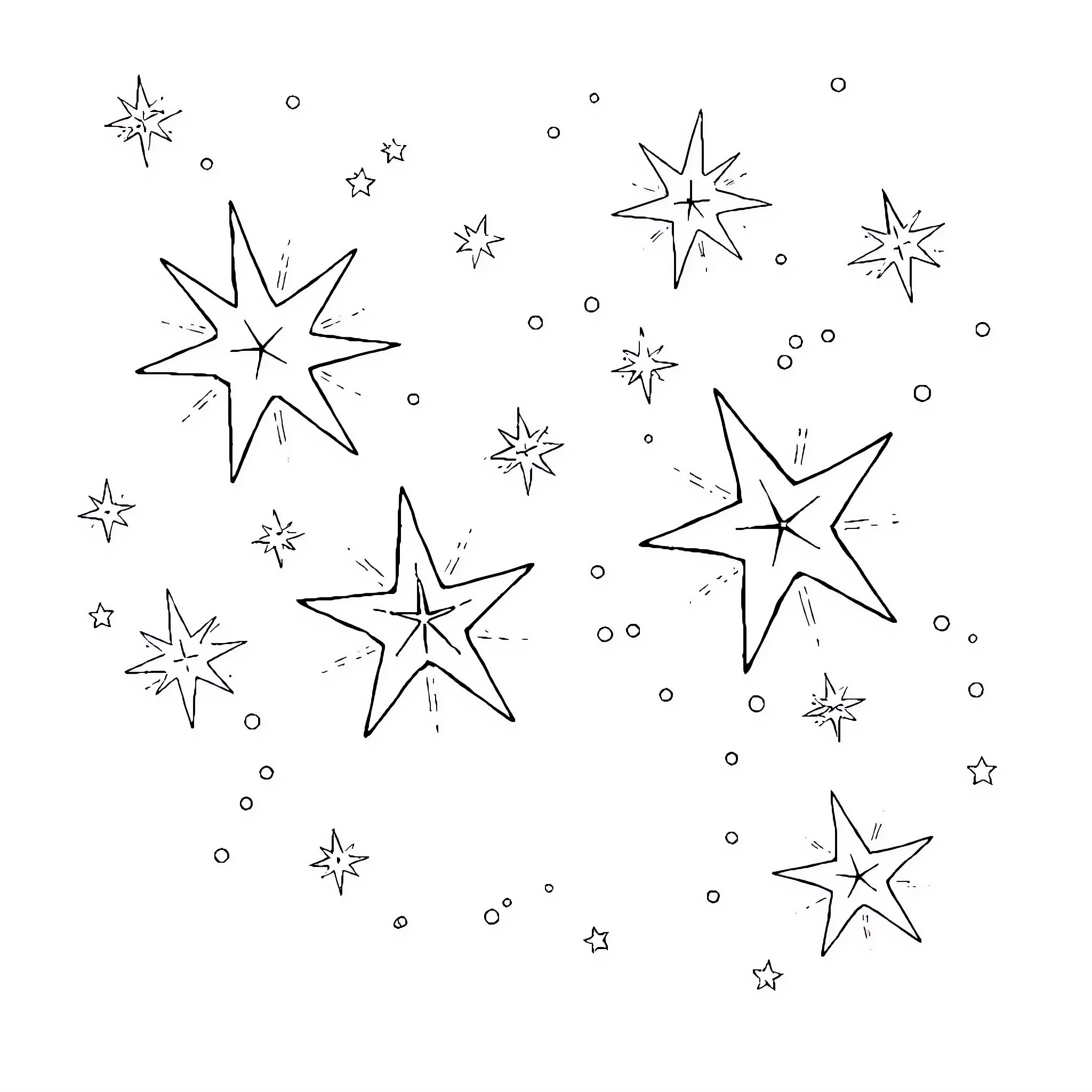 Star-shaped patterns in the night sky Coloring Page (free black-and-white line drawing printable PDF for all, from beginners to advanced learners, including children, teens, adults, and seniors)