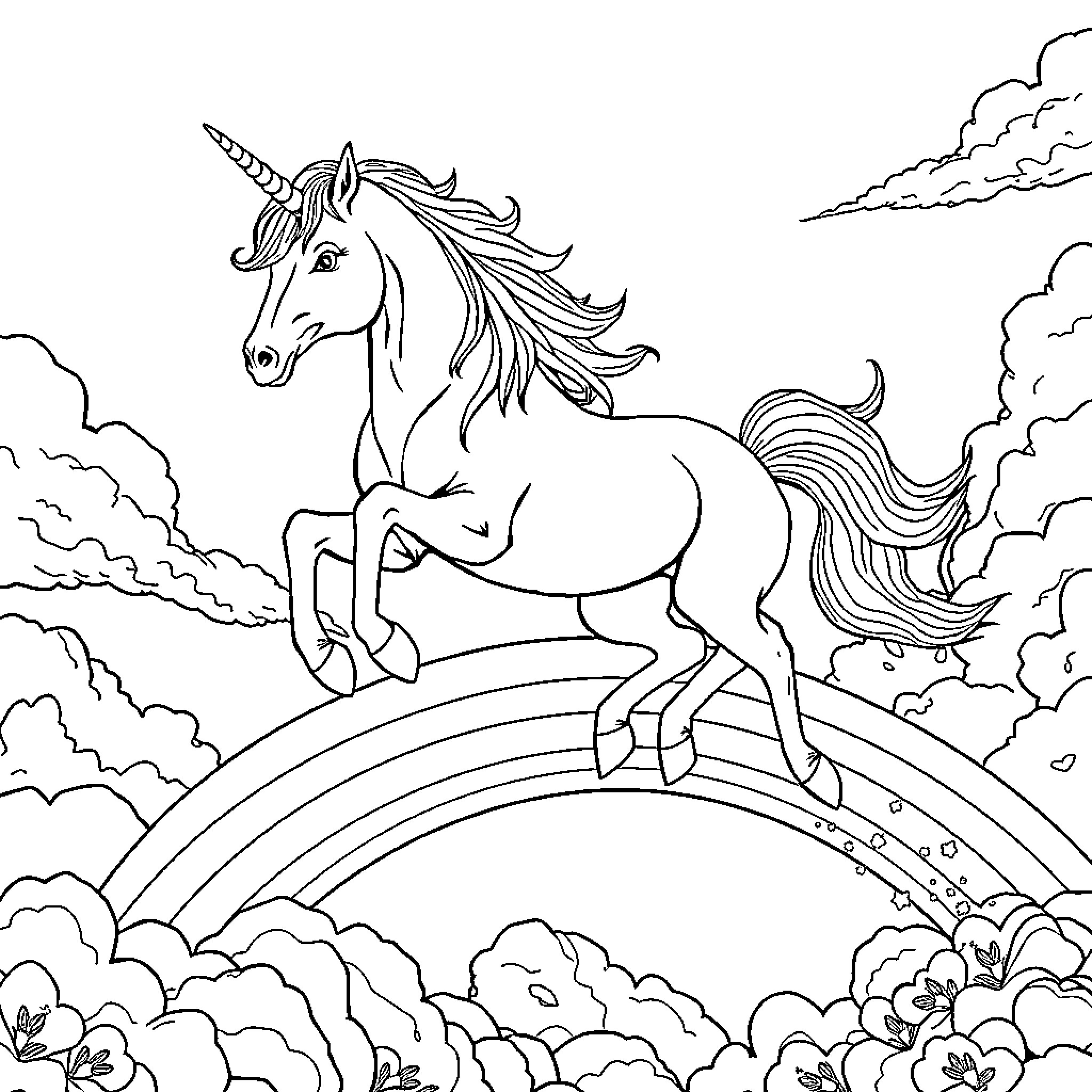 Unicorn Prancing Across a Magical Rainbow Coloring Page (free black-and-white line drawing printable PDF for all, from beginners to advanced learners, including children, teens, adults, and seniors)