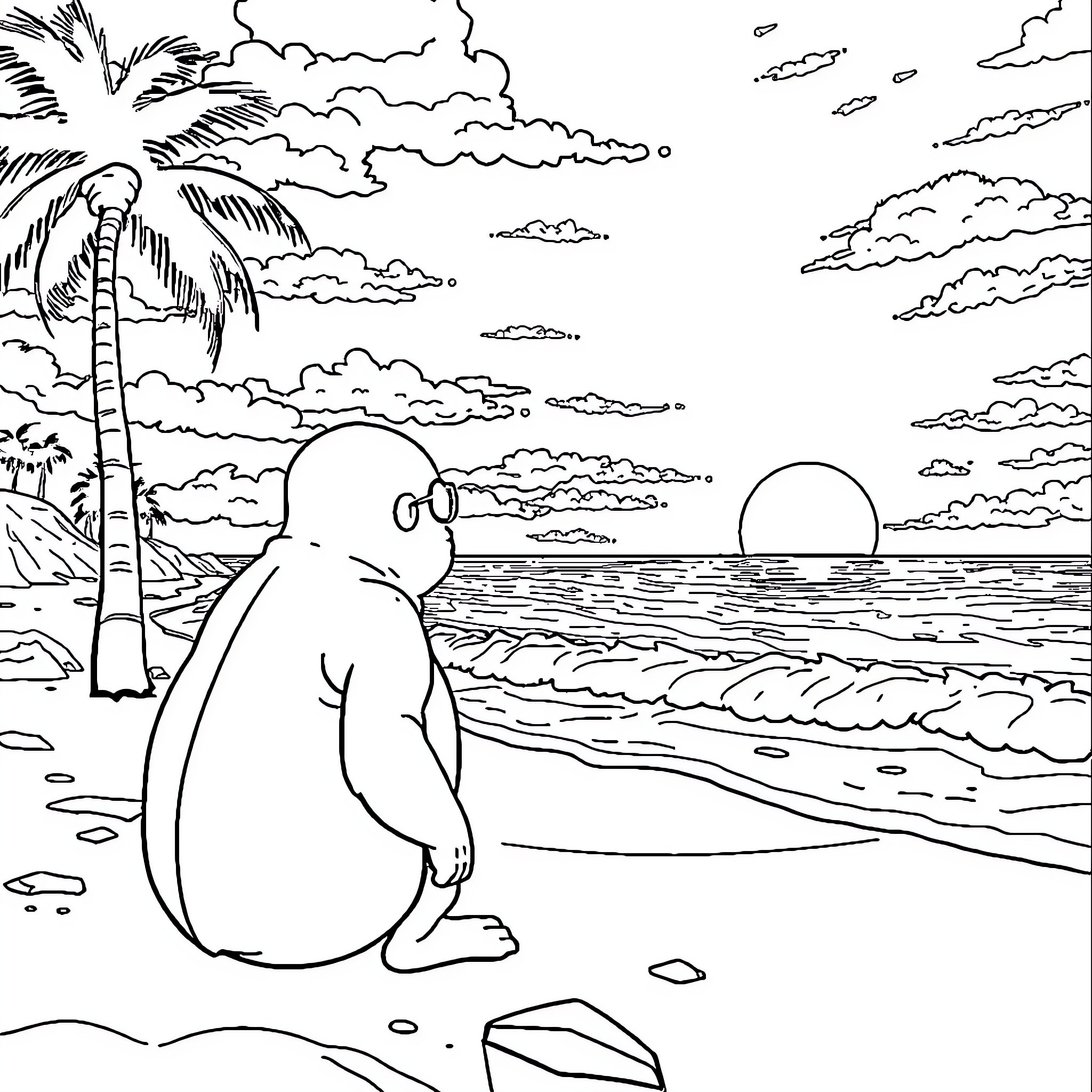 Guts of a beach creature in tranquil seascape Coloring Page (free black-and-white line drawing printable PDF for all, from beginners to advanced learners, including children, teens, adults, and seniors)