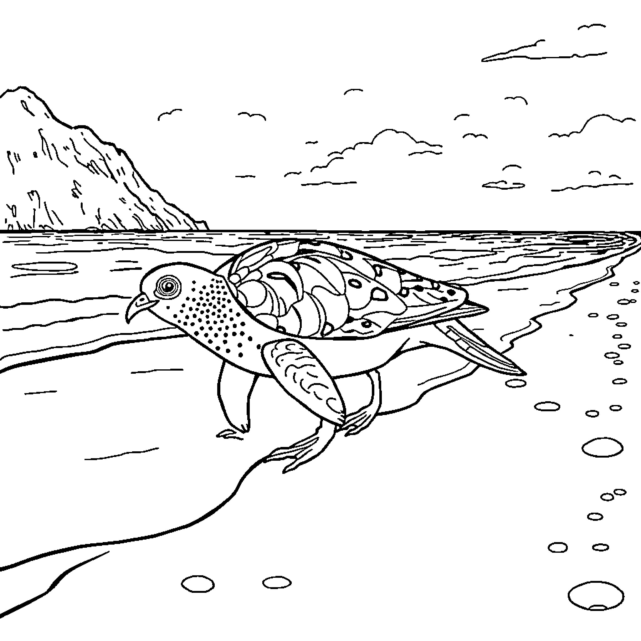 Turtle swimming in the ocean Coloring Page (free black-and-white line drawing printable PDF for all, from beginners to advanced learners, including children, teens, adults, and seniors)
