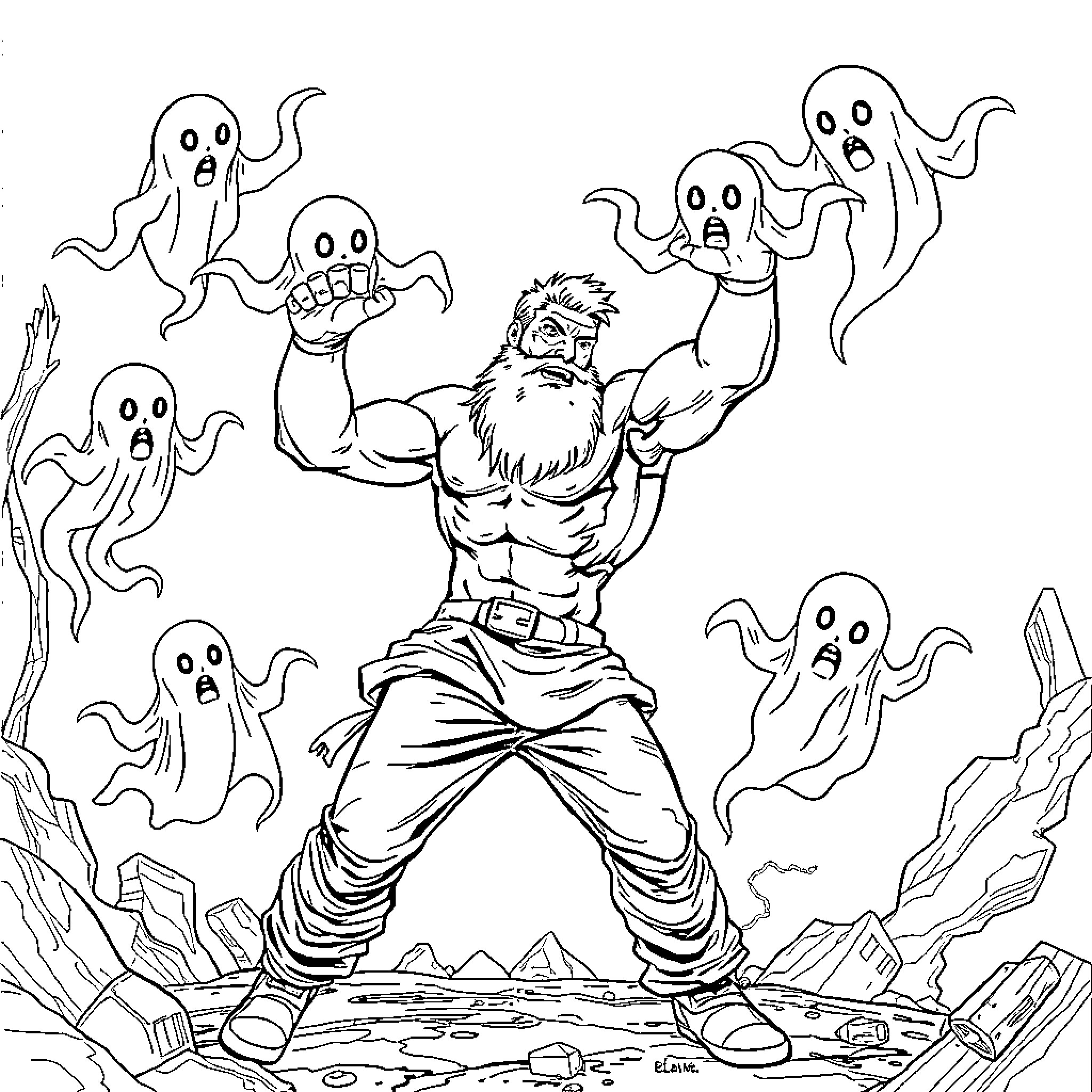 Guy battling ghostly creatures in the wilderness Coloring Page (free black-and-white line drawing printable PDF for all, from beginners to advanced learners, including children, teens, adults, and seniors)