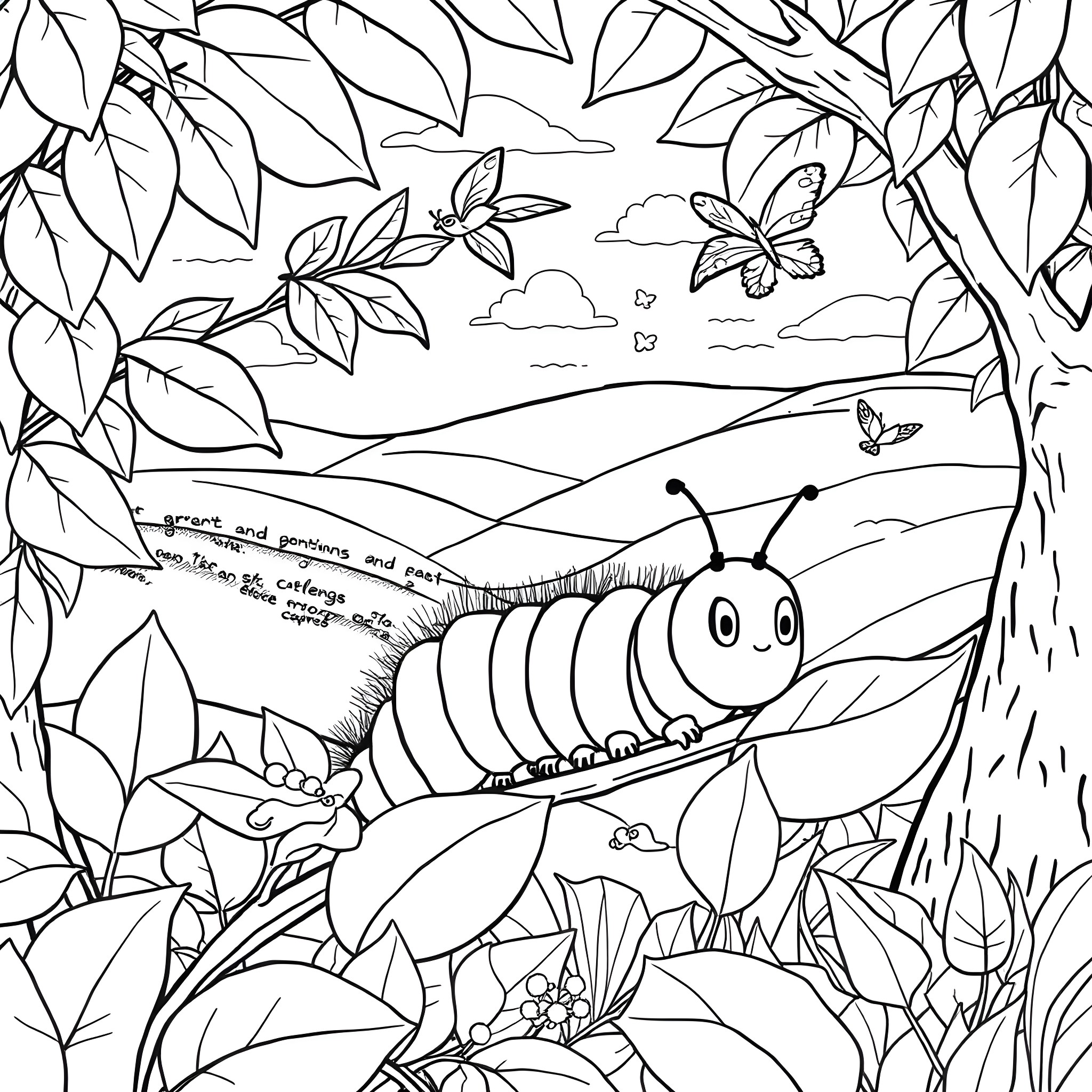 Caterpillar exploring the vibrant forest landscape Coloring Page (free black-and-white line drawing printable PDF for all, from beginners to advanced learners, including children, teens, adults, and seniors)