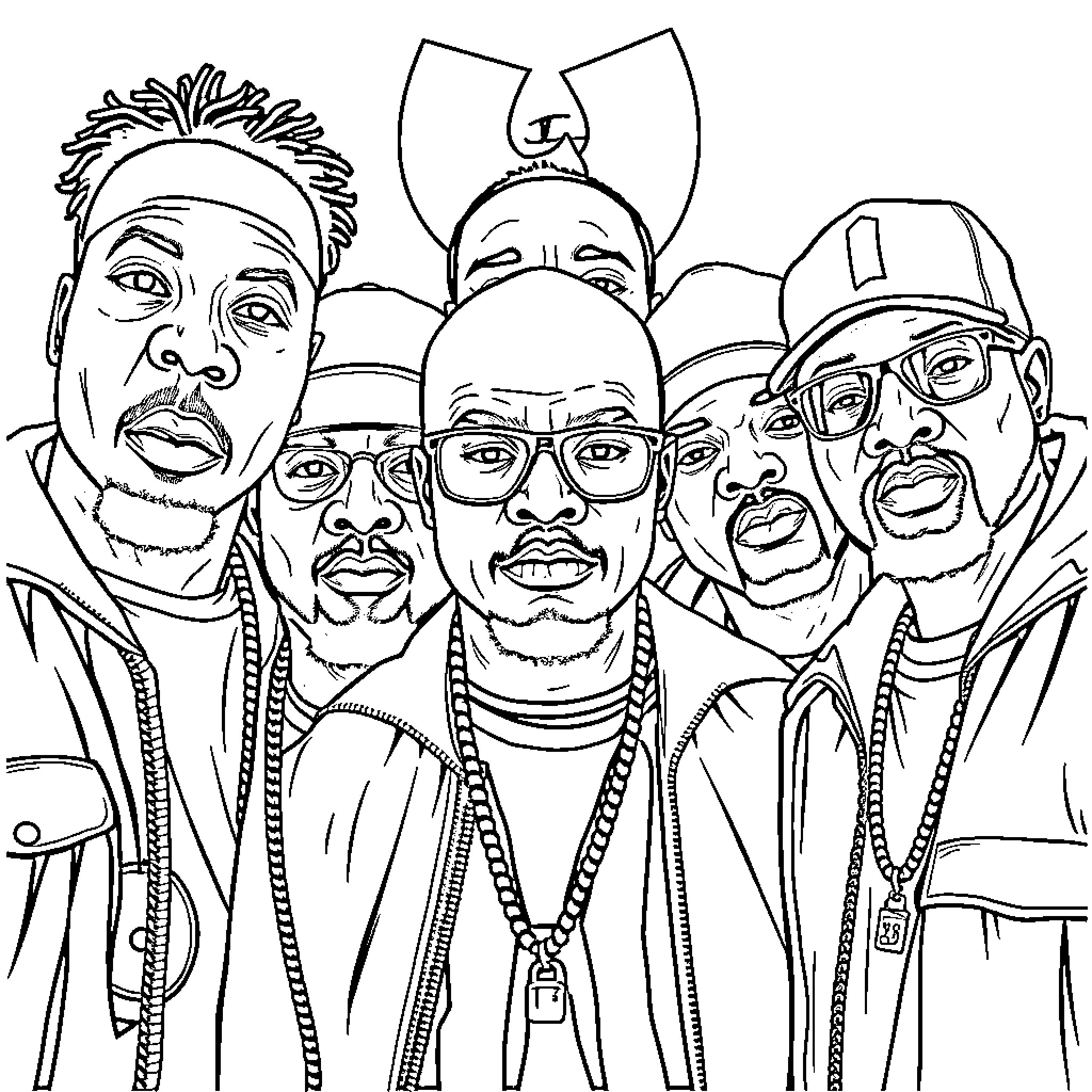 Wu-Tang Clan Rap Group Members Posing Together Coloring Page (free black-and-white line drawing printable PDF for all, from beginners to advanced learners, including children, teens, adults, and seniors)
