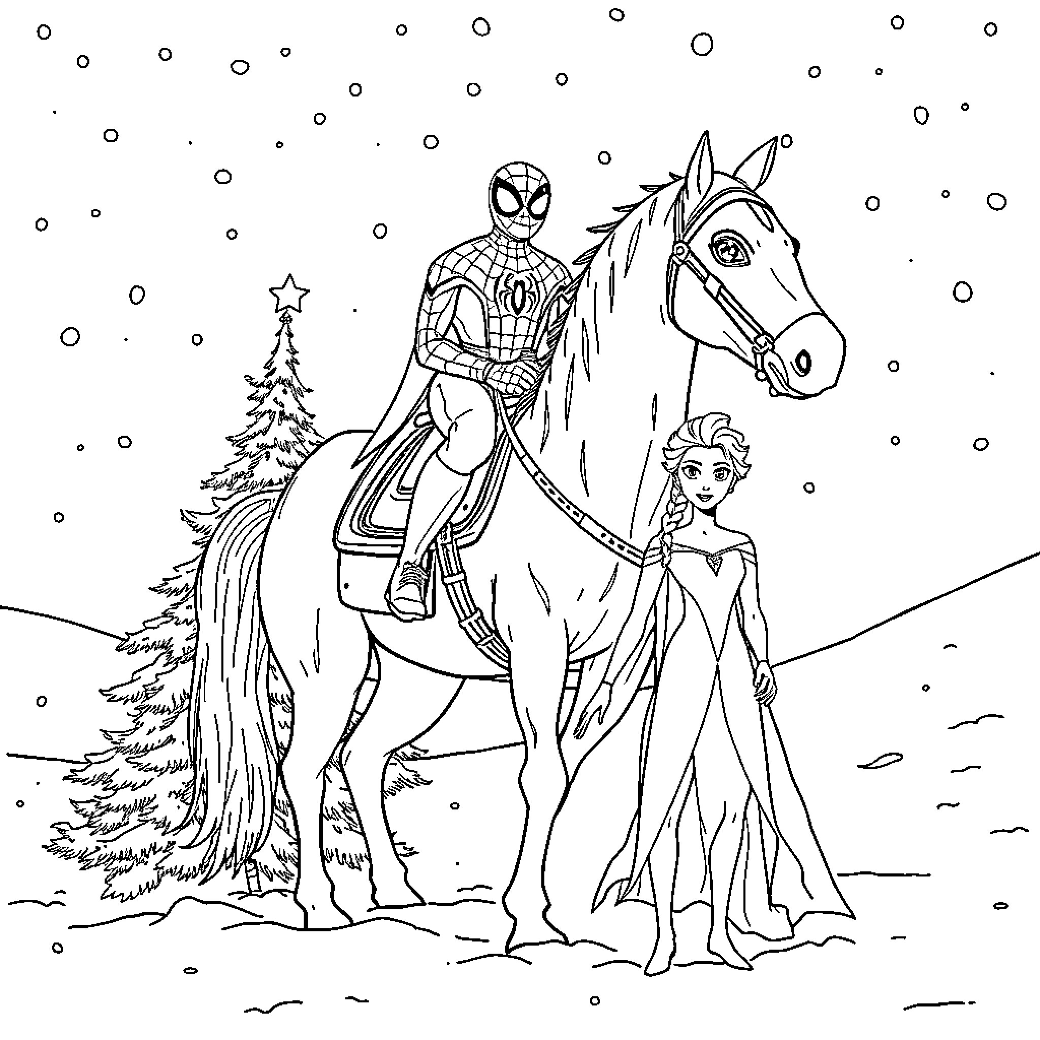 Spider-Man on horseback with a princess Coloring Page (free black-and-white line drawing printable PDF for all, from beginners to advanced learners, including children, teens, adults, and seniors)