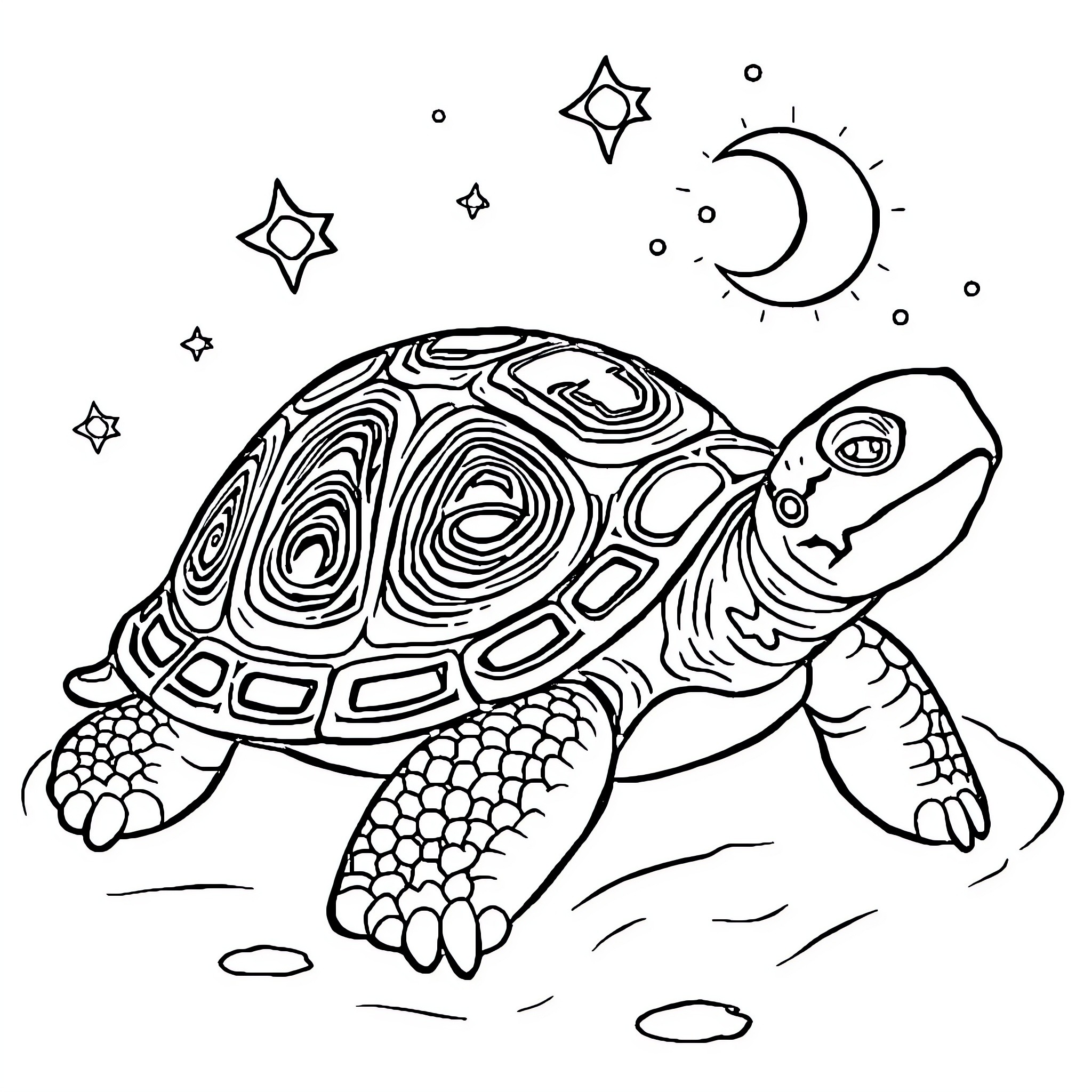 Turtle exploring the night sky Coloring Page (free black-and-white line drawing printable PDF for all, from beginners to advanced learners, including children, teens, adults, and seniors)