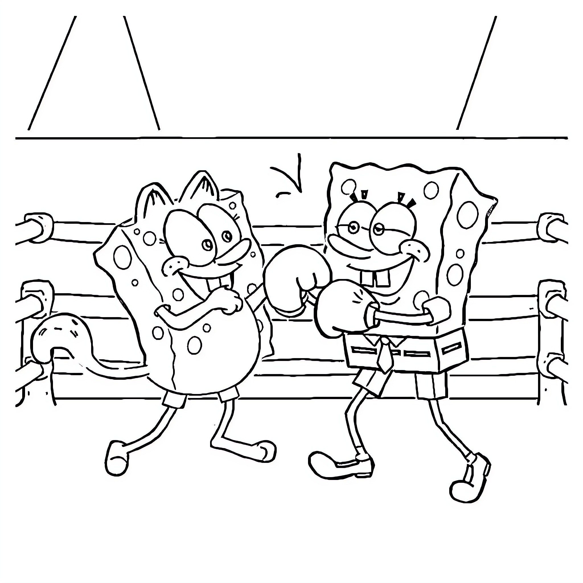 Spongebob and friends engaging in playful antics Coloring Page (free black-and-white line drawing printable PDF for all, from beginners to advanced learners, including children, teens, adults, and seniors)