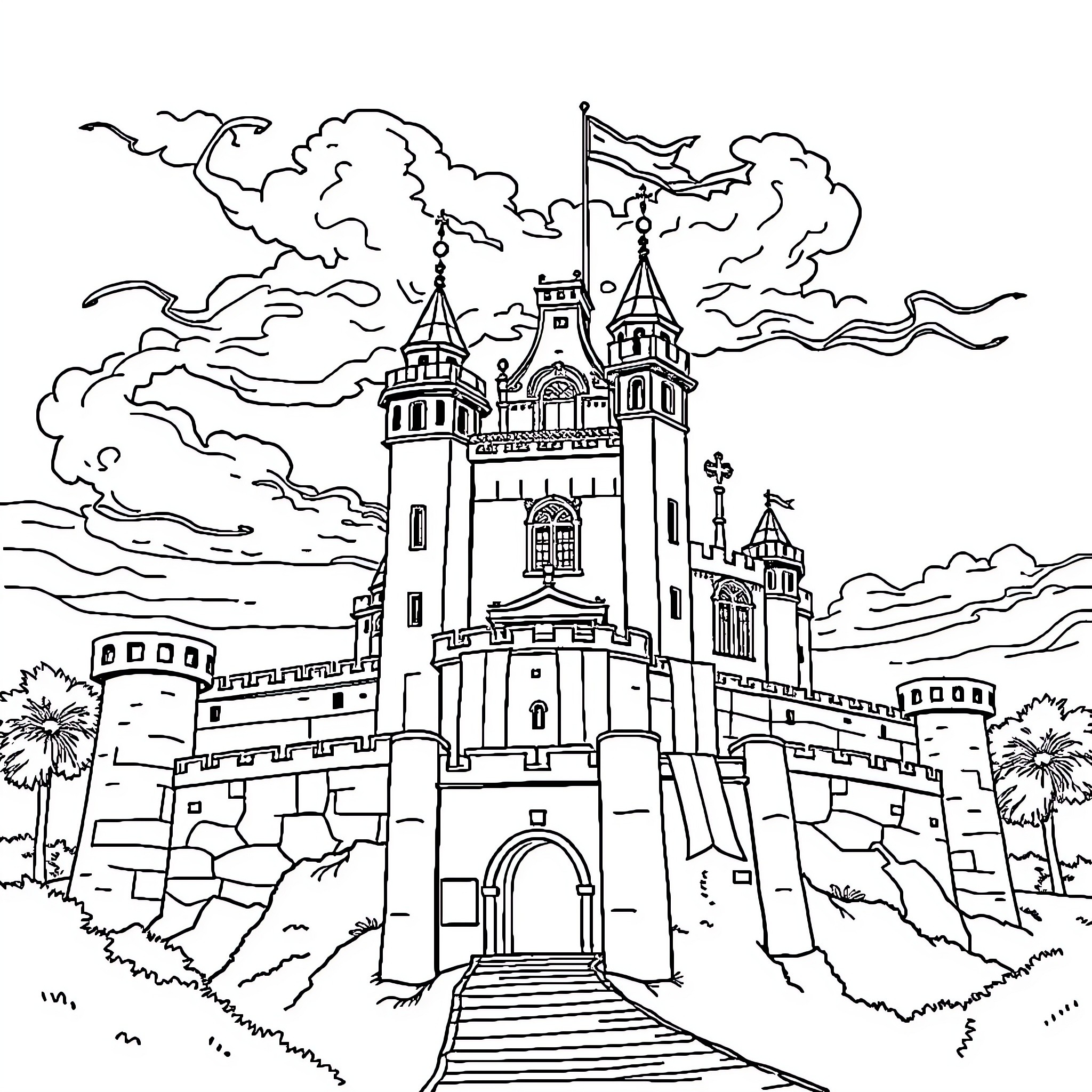 Castle with Ornate Architecture and Flags in the Sky Coloring Page (free black-and-white line drawing printable PDF for all, from beginners to advanced learners, including children, teens, adults, and seniors)