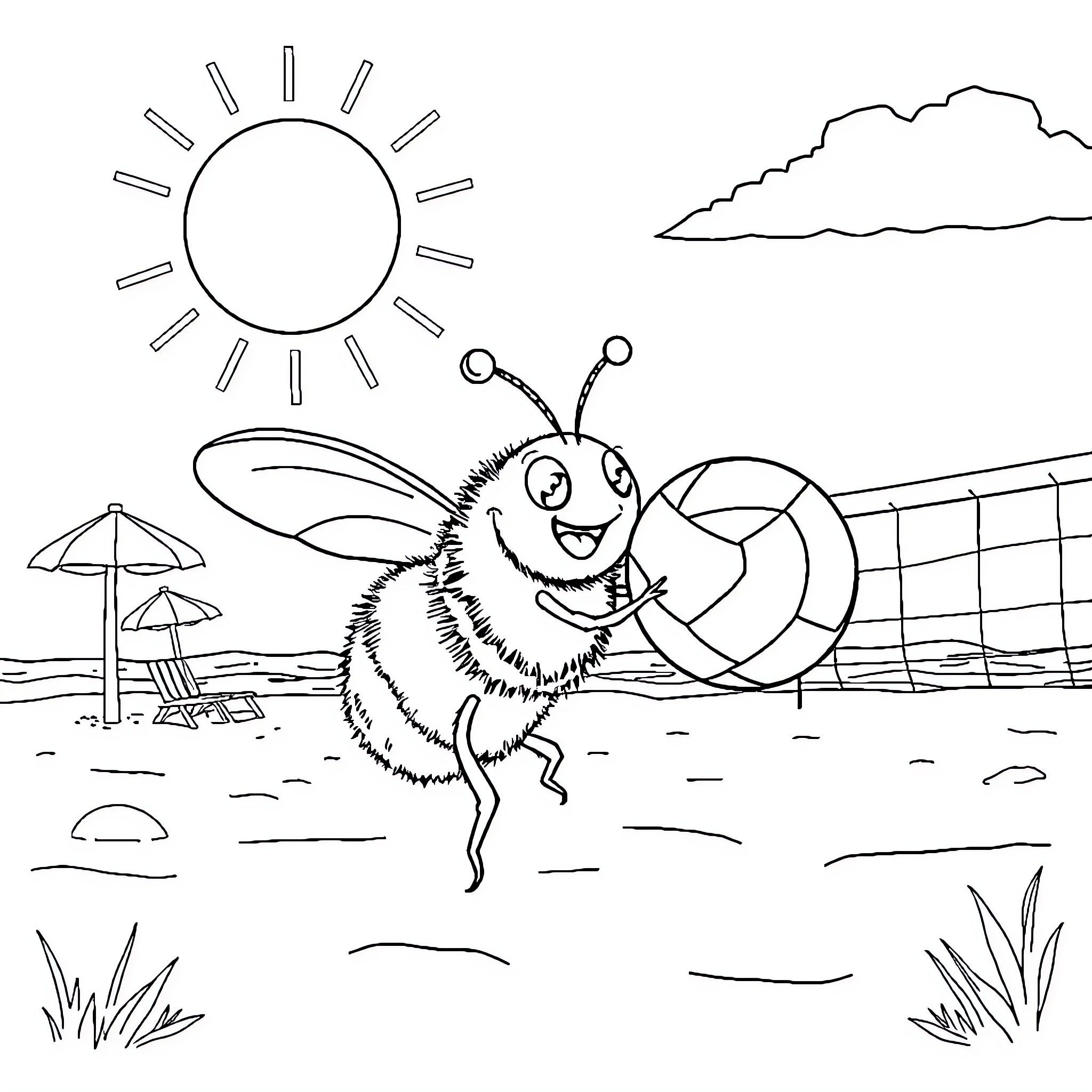 Bumblebee enjoying a sunny day at the beach Coloring Page (free black-and-white line drawing printable PDF for all, from beginners to advanced learners, including children, teens, adults, and seniors)