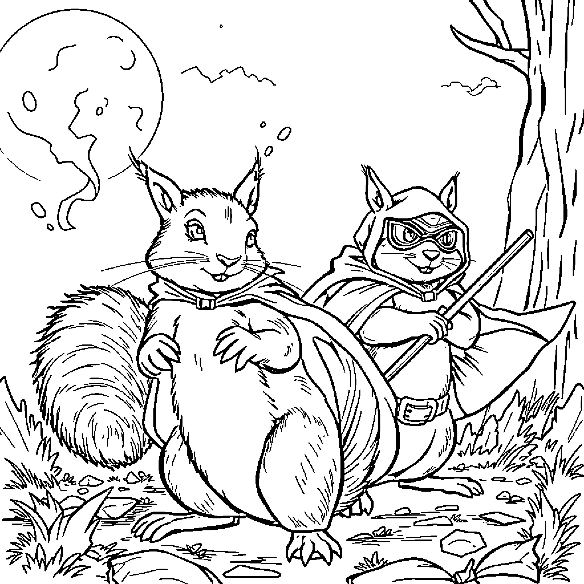 Squirrel friends exploring the forest Coloring Page (free black-and-white line drawing printable PDF for all, from beginners to advanced learners, including children, teens, adults, and seniors)