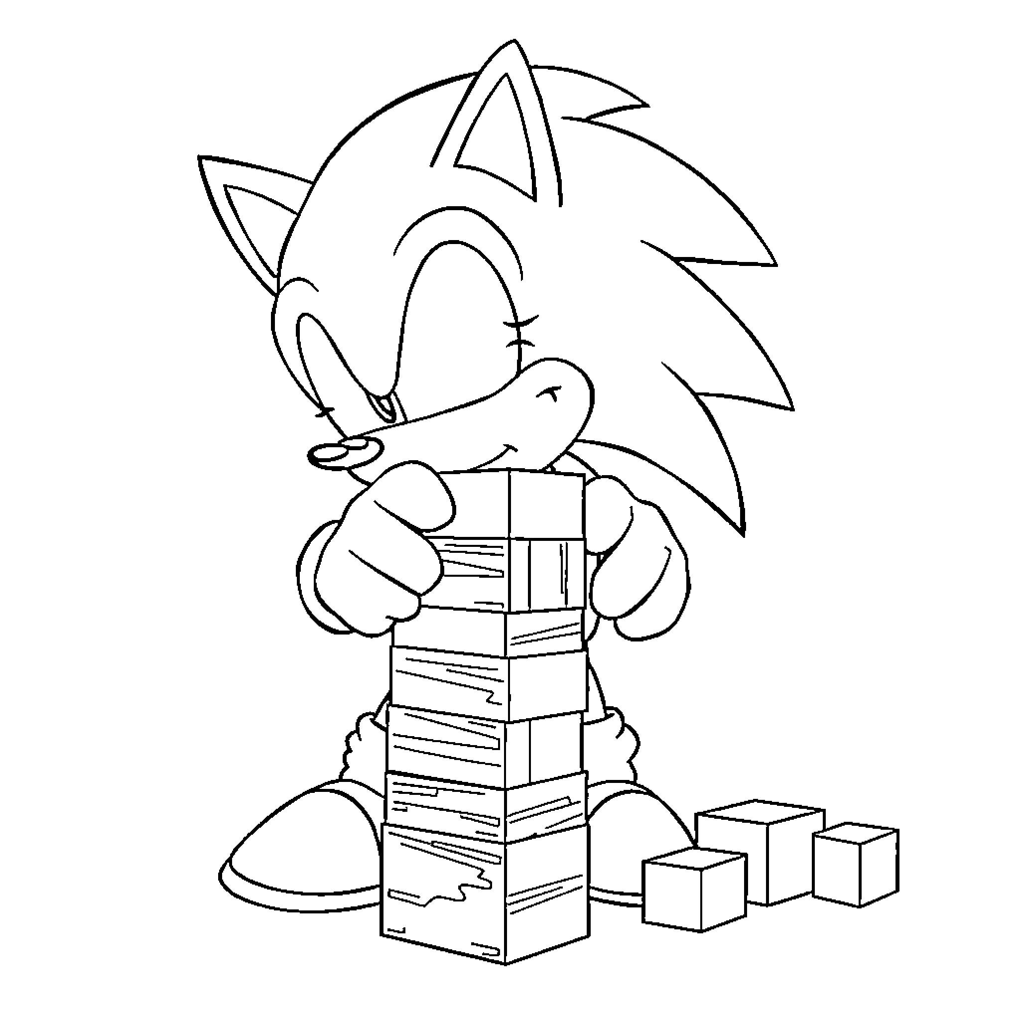 Sonic building a tower with blocks Coloring Page (free black-and-white line drawing printable PDF for all, from beginners to advanced learners, including children, teens, adults, and seniors)