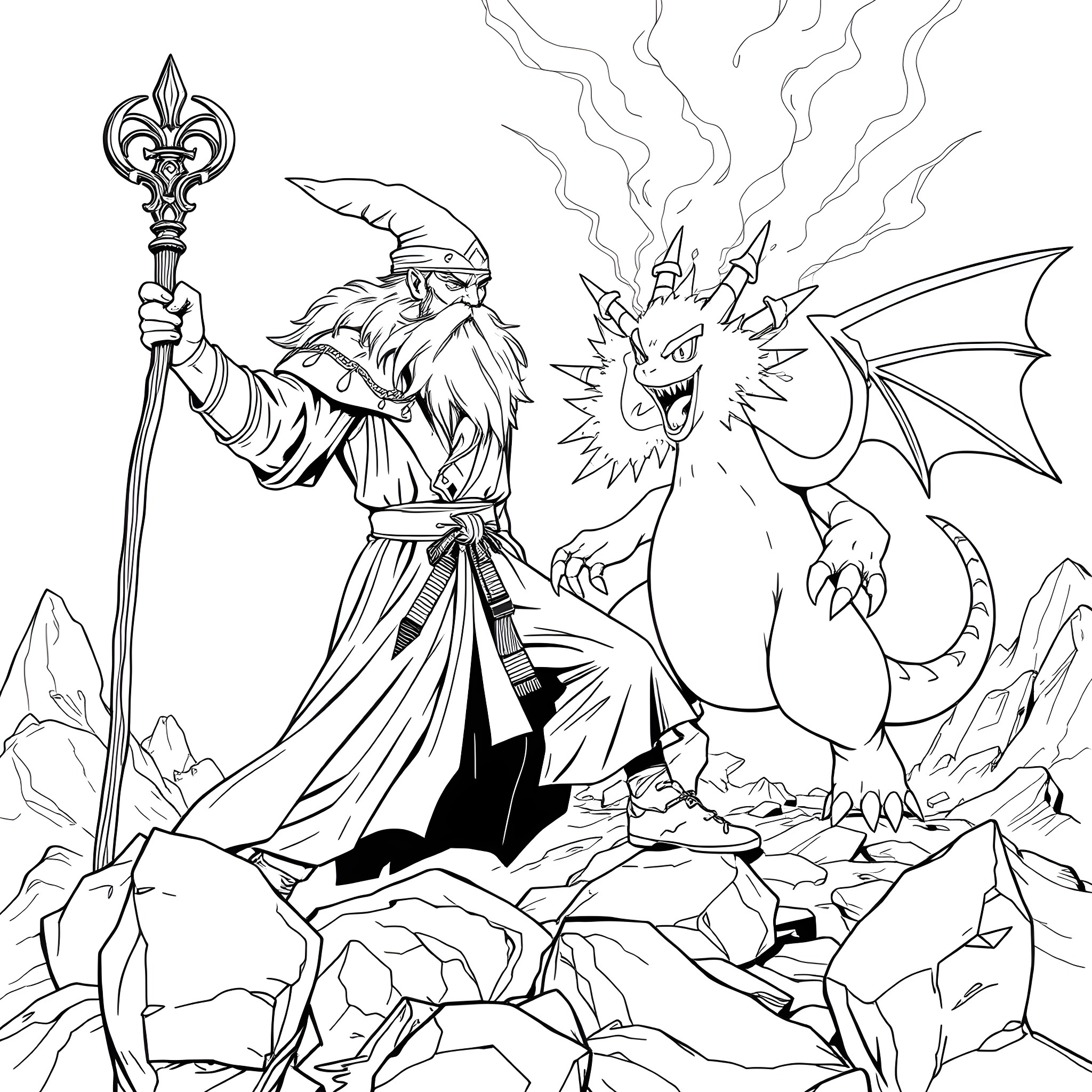 Gandalf battling a fierce dragon in a rocky landscape Coloring Page (free black-and-white line drawing printable PDF for all, from beginners to advanced learners, including children, teens, adults, and seniors)