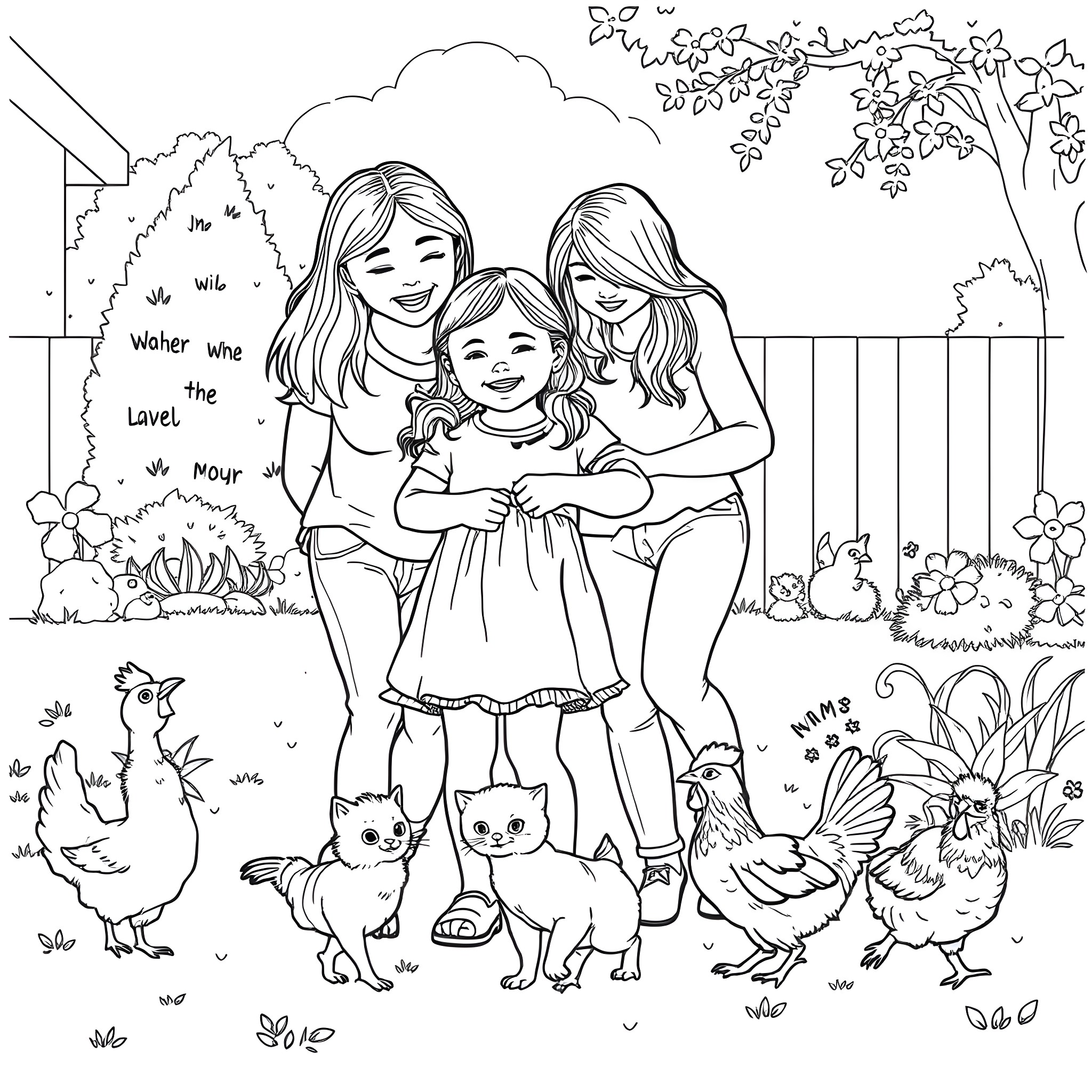 Mom and daughters playing with pets in the garden Coloring Page (free black-and-white line drawing printable PDF for all, from beginners to advanced learners, including children, teens, adults, and seniors)