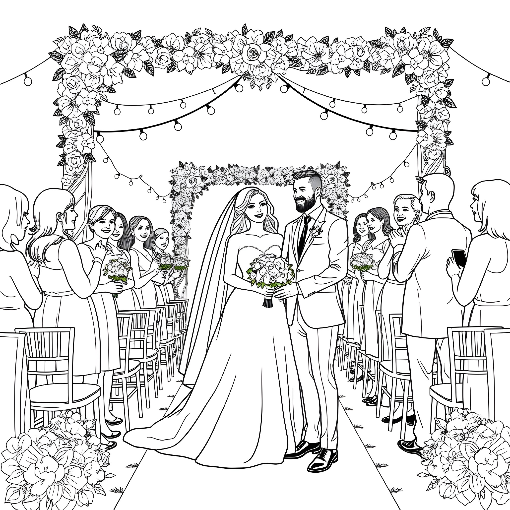 Mr&MrsWillis' Joyous Wedding Celebration Coloring Page (free black-and-white line drawing printable PDF for all, from beginners to advanced learners, including children, teens, adults, and seniors)