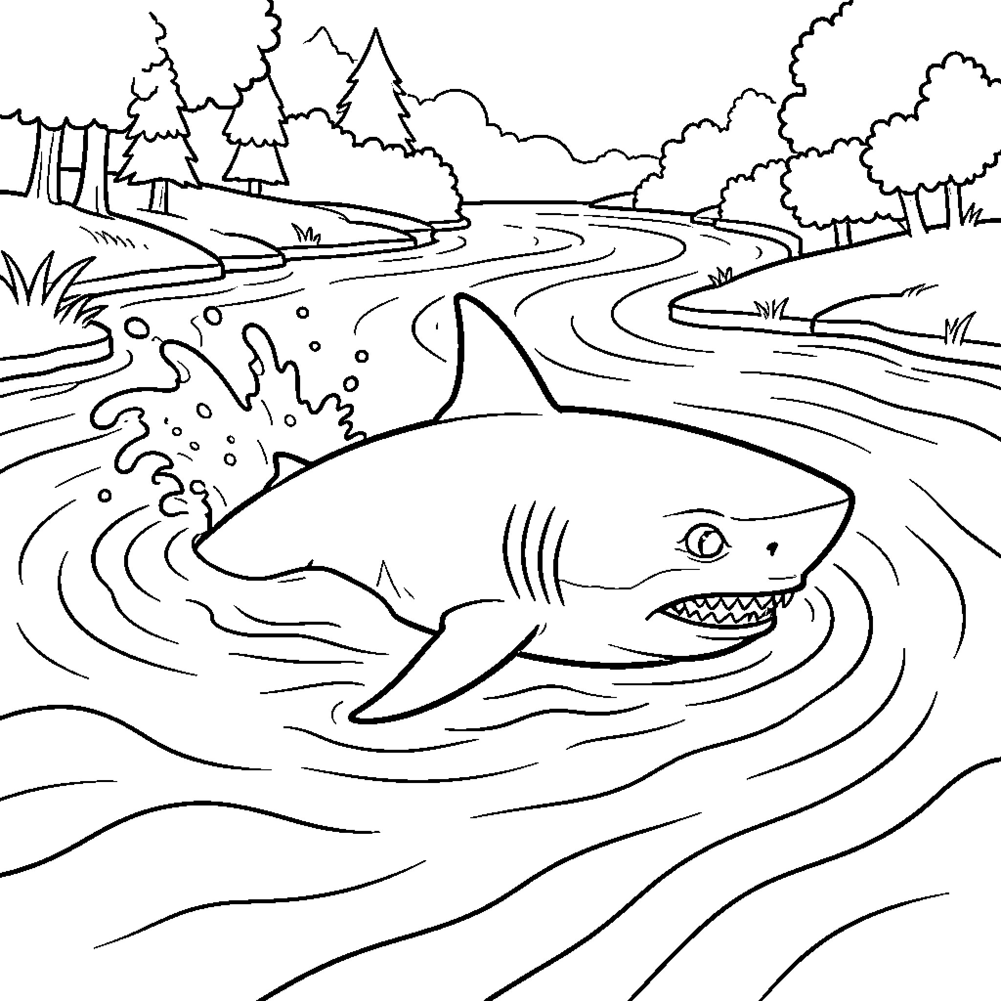 Shark jumping out of a river in the woods Coloring Page (free black-and-white line drawing printable PDF for all, from beginners to advanced learners, including children, teens, adults, and seniors)