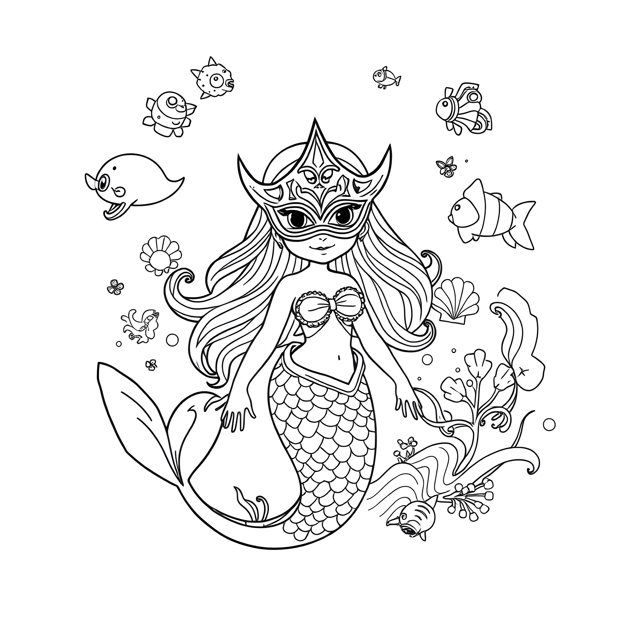 Mermaid swimming with sea creatures in the ocean Coloring Page (free black-and-white line drawing printable PDF for all, from beginners to advanced learners, including children, teens, adults, and seniors)