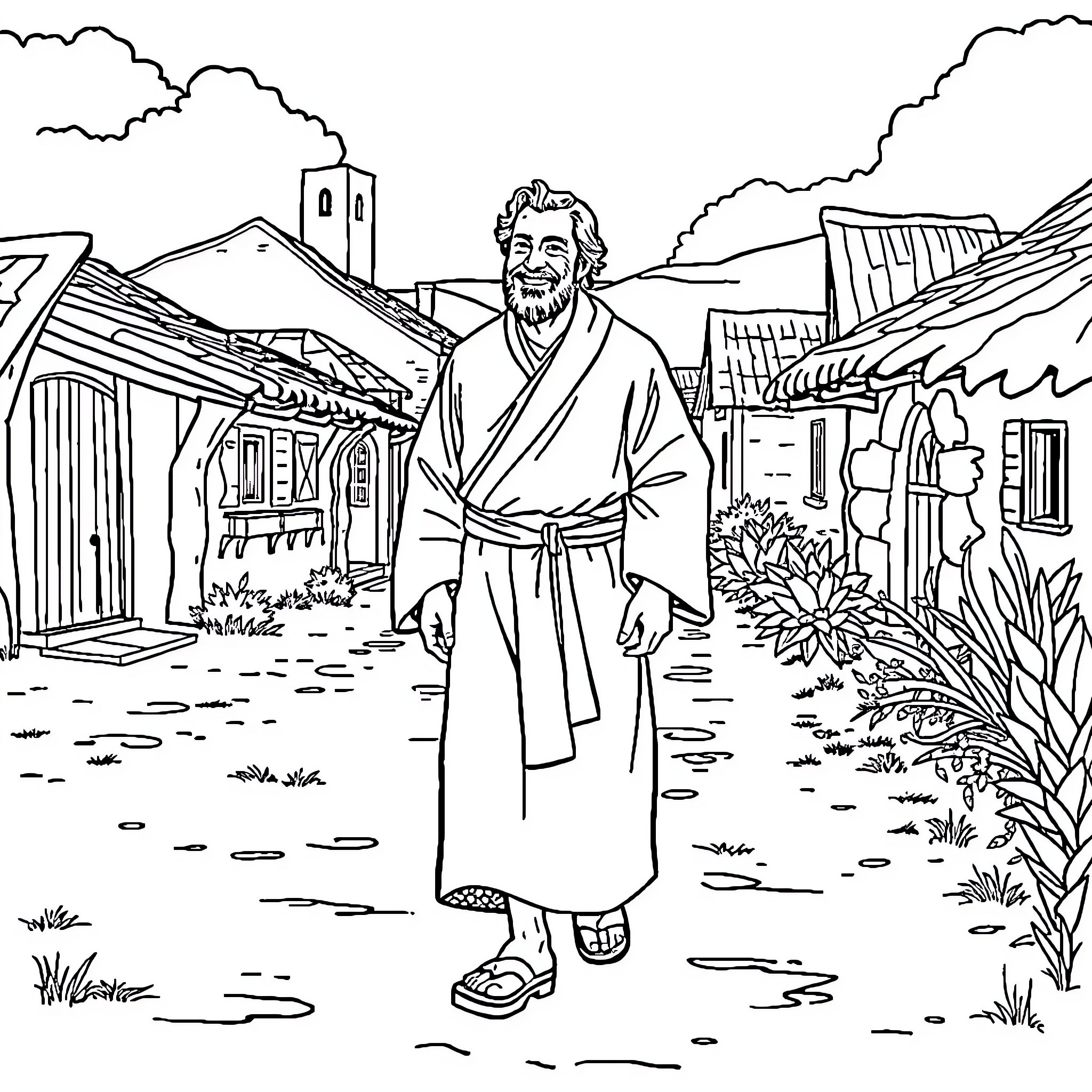 Jean Eudes walking through a rural village Coloring Page (free black-and-white line drawing printable PDF for all, from beginners to advanced learners, including children, teens, adults, and seniors)