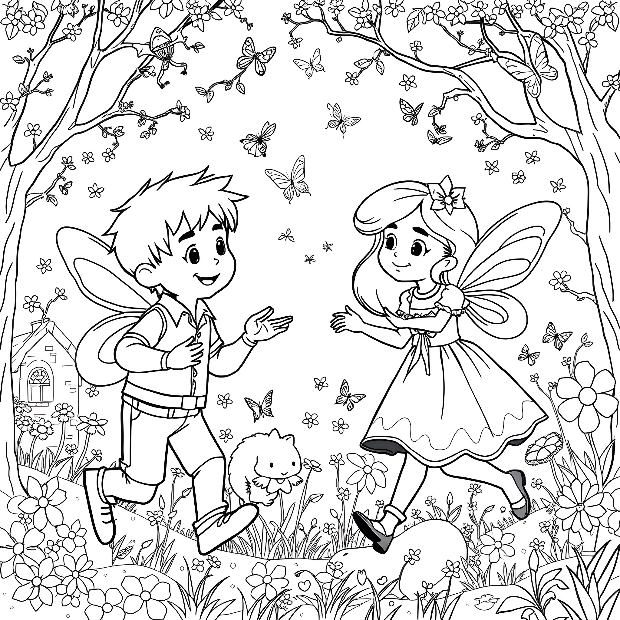 Ben and Holly playing in the enchanted forest Coloring Page (free black-and-white line drawing printable PDF for all, from beginners to advanced learners, including children, teens, adults, and seniors)