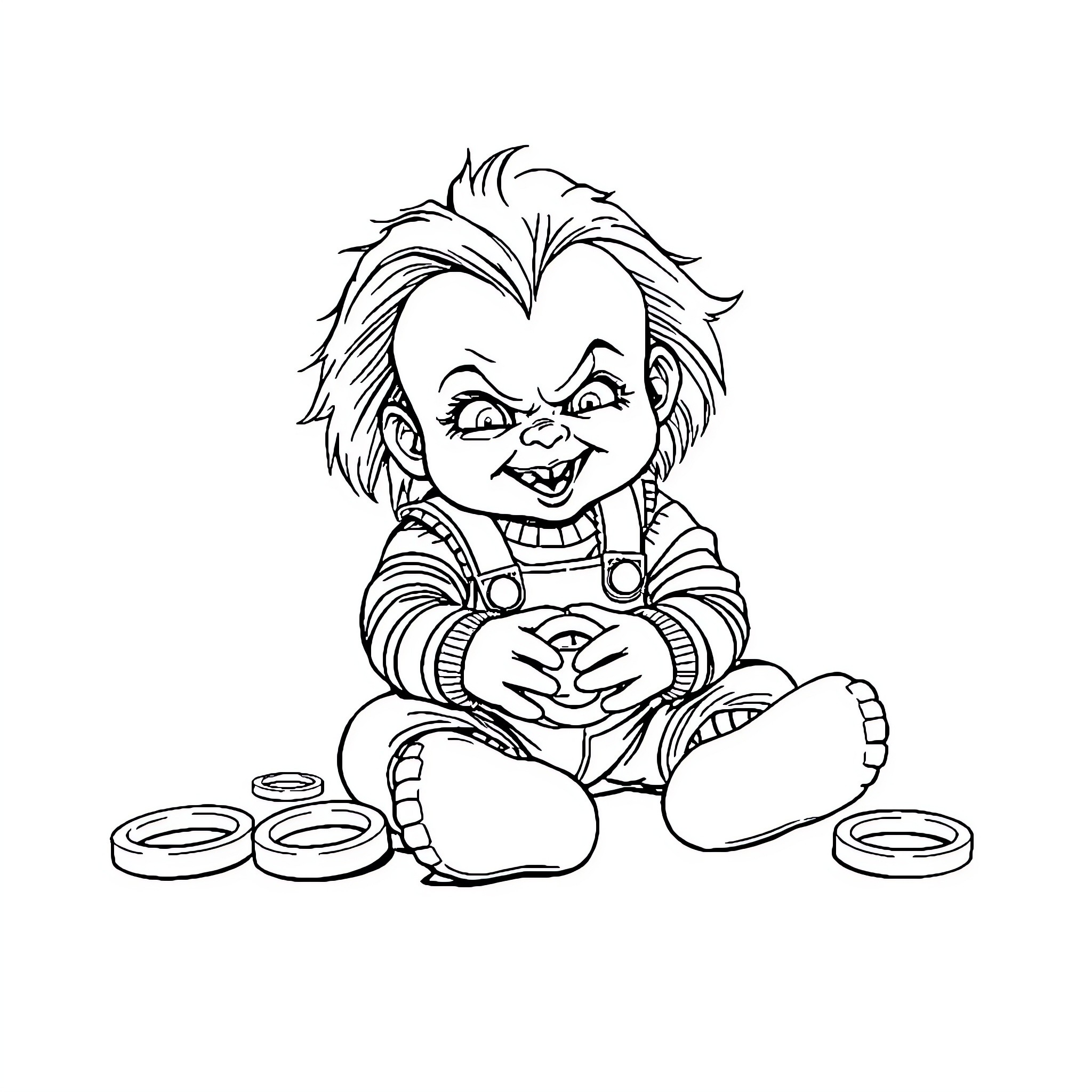 Chucky the mischievous doll playing with toys Coloring Page (free black-and-white line drawing printable PDF for all, from beginners to advanced learners, including children, teens, adults, and seniors)