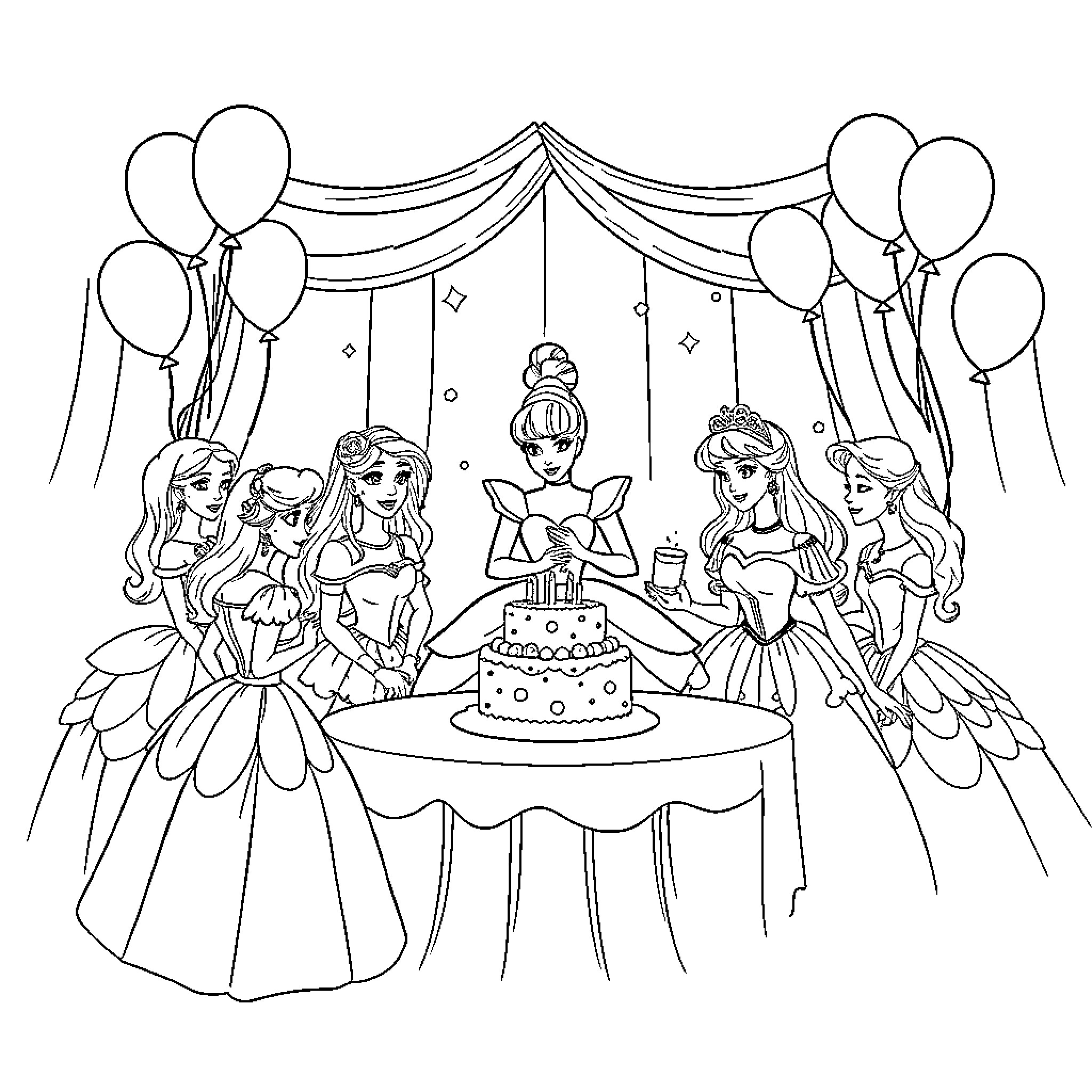 Cinderella's Birthday Celebration with Princess Friends Coloring Page (free black-and-white line drawing printable PDF for all, from beginners to advanced learners, including children, teens, adults, and seniors)