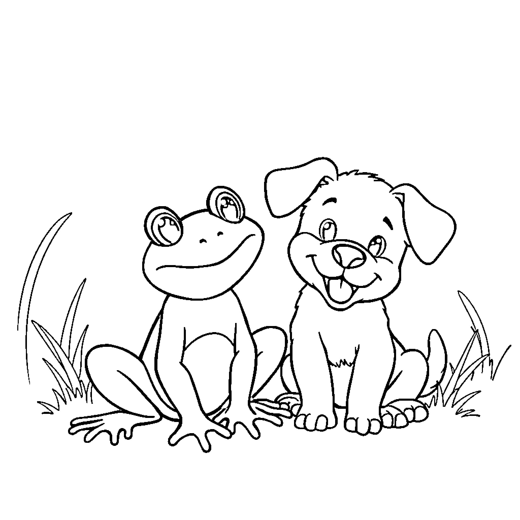 Frog and dog sitting together happily Coloring Page (free black-and-white line drawing printable PDF for all, from beginners to advanced learners, including children, teens, adults, and seniors)