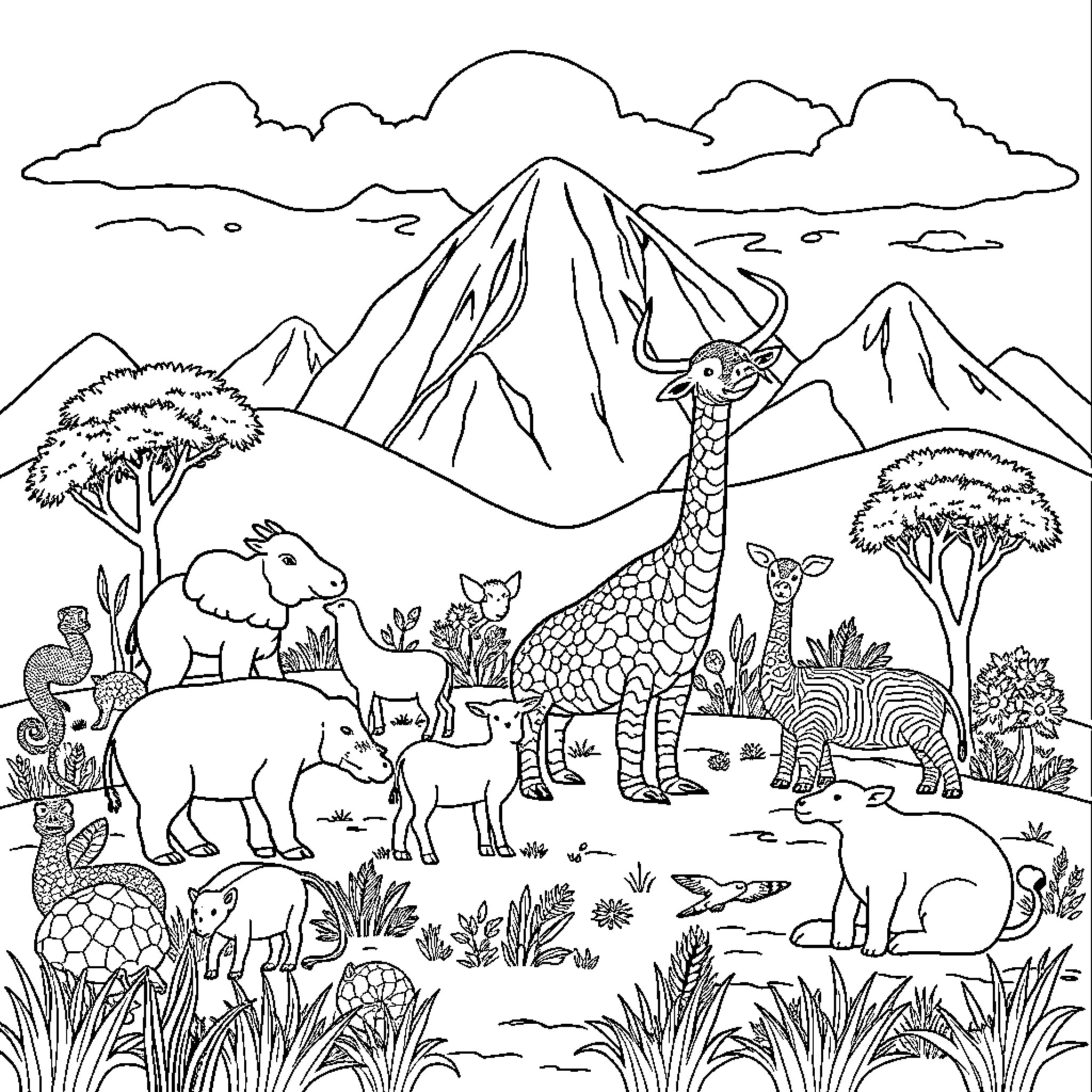 Animal Safari Scene with Mountain in the Background Coloring Page (free black-and-white line drawing printable PDF for all, from beginners to advanced learners, including children, teens, adults, and seniors)