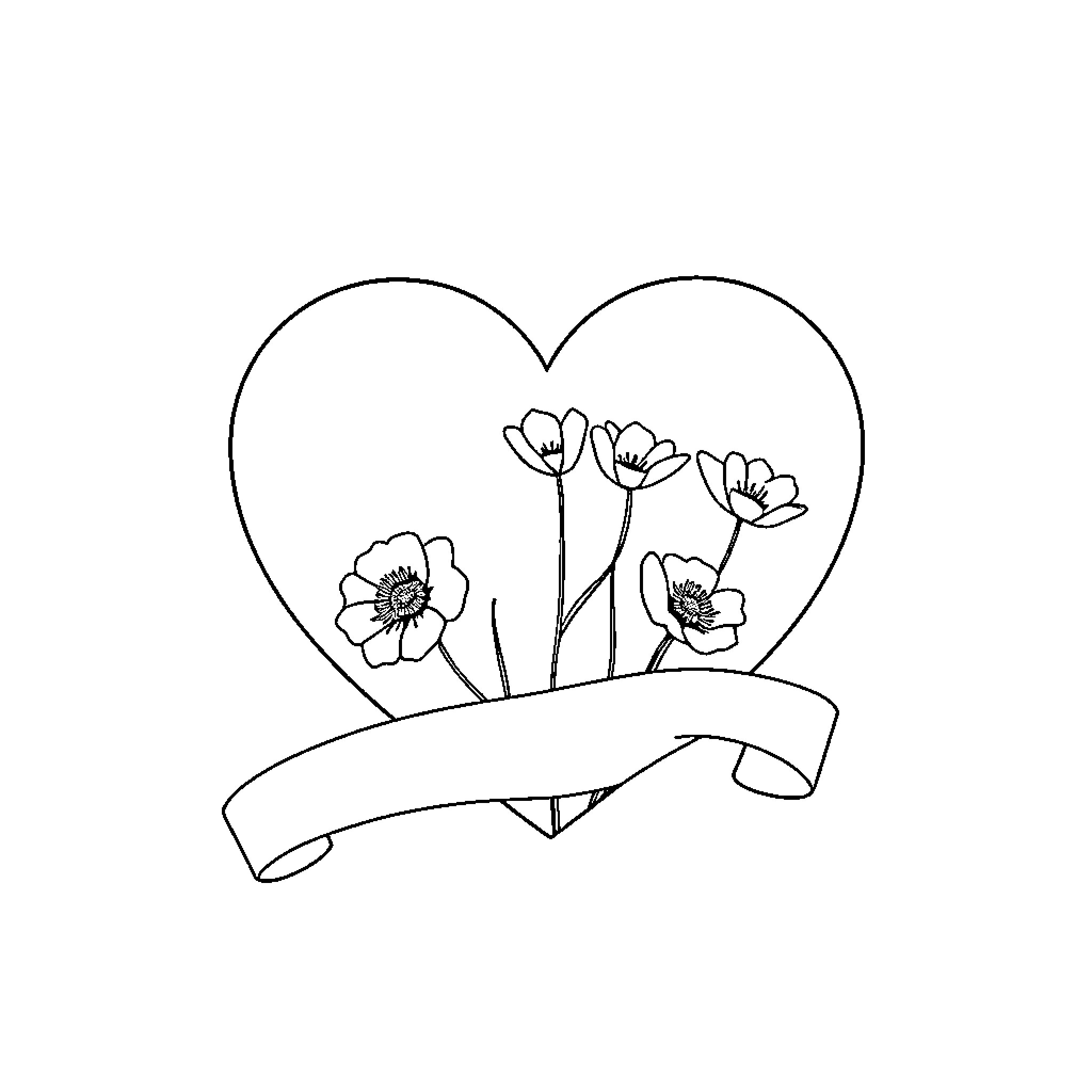 Heart-shaped Floral Design with Ribbon Coloring Page (free black-and-white line drawing printable PDF for all, from beginners to advanced learners, including children, teens, adults, and seniors)