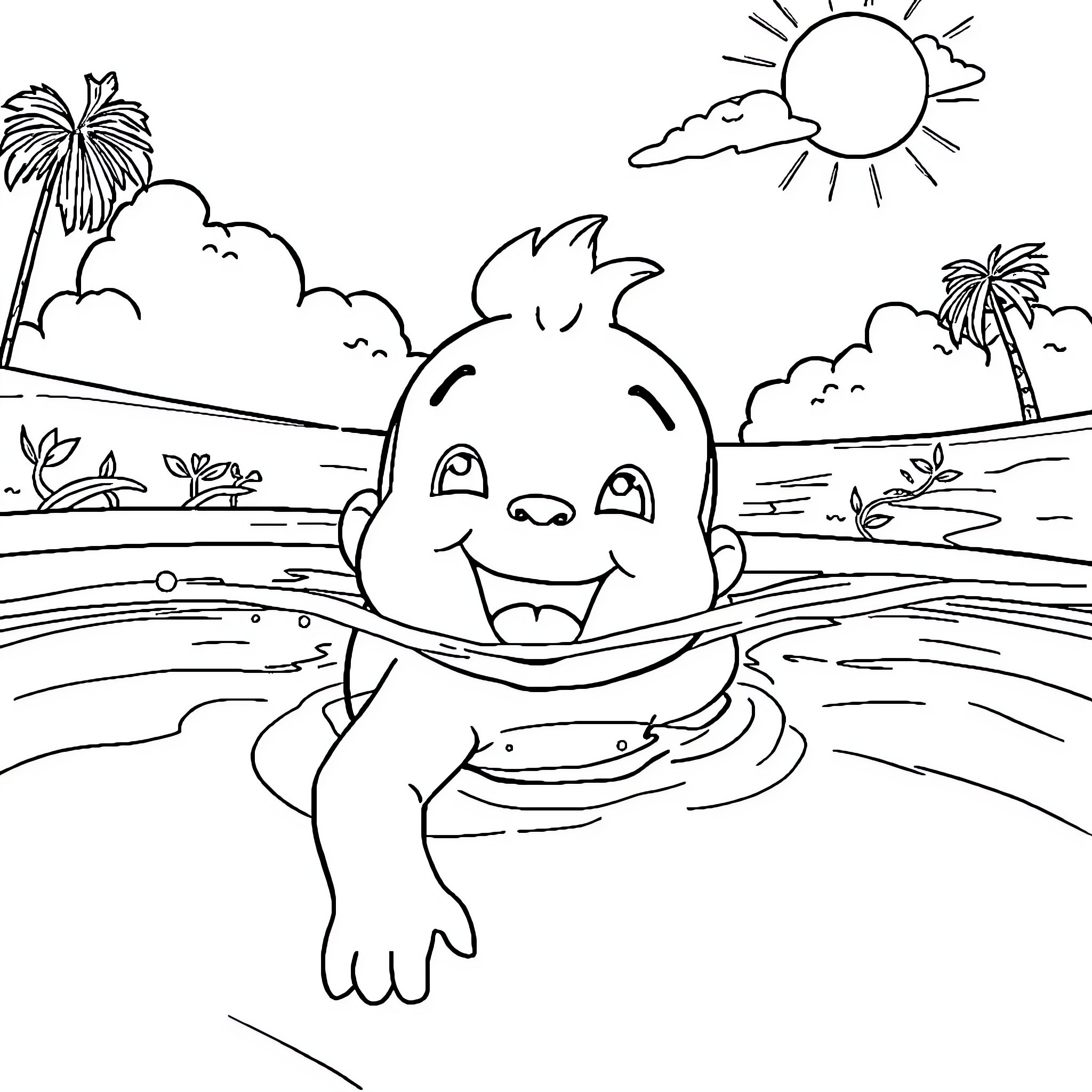 Labubu enjoys a sunny day at the beach Coloring Page (free black-and-white line drawing printable PDF for all, from beginners to advanced learners, including children, teens, adults, and seniors)
