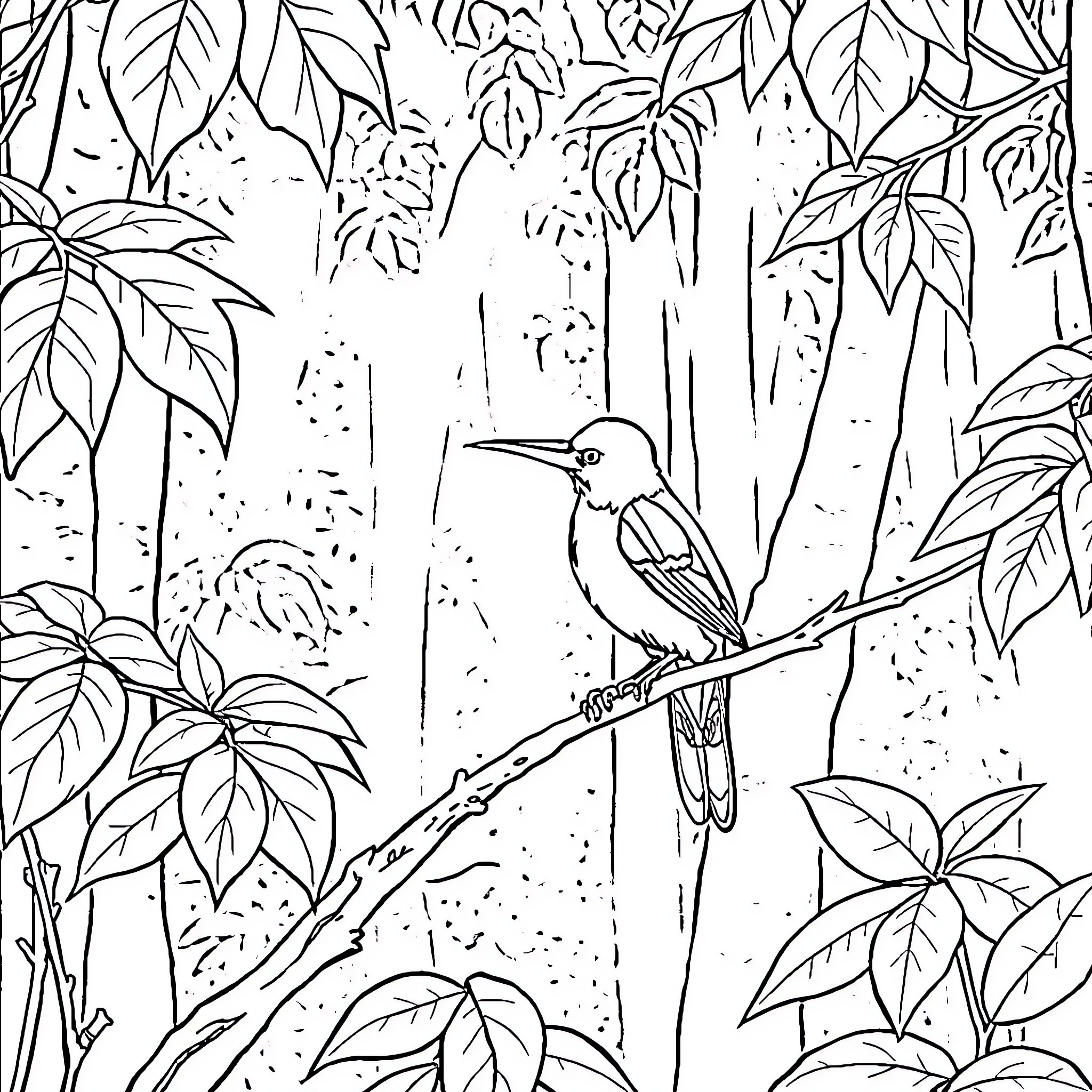 Hummingbird perched in lush forest landscape Coloring Page (free black-and-white line drawing printable PDF for all, from beginners to advanced learners, including children, teens, adults, and seniors)