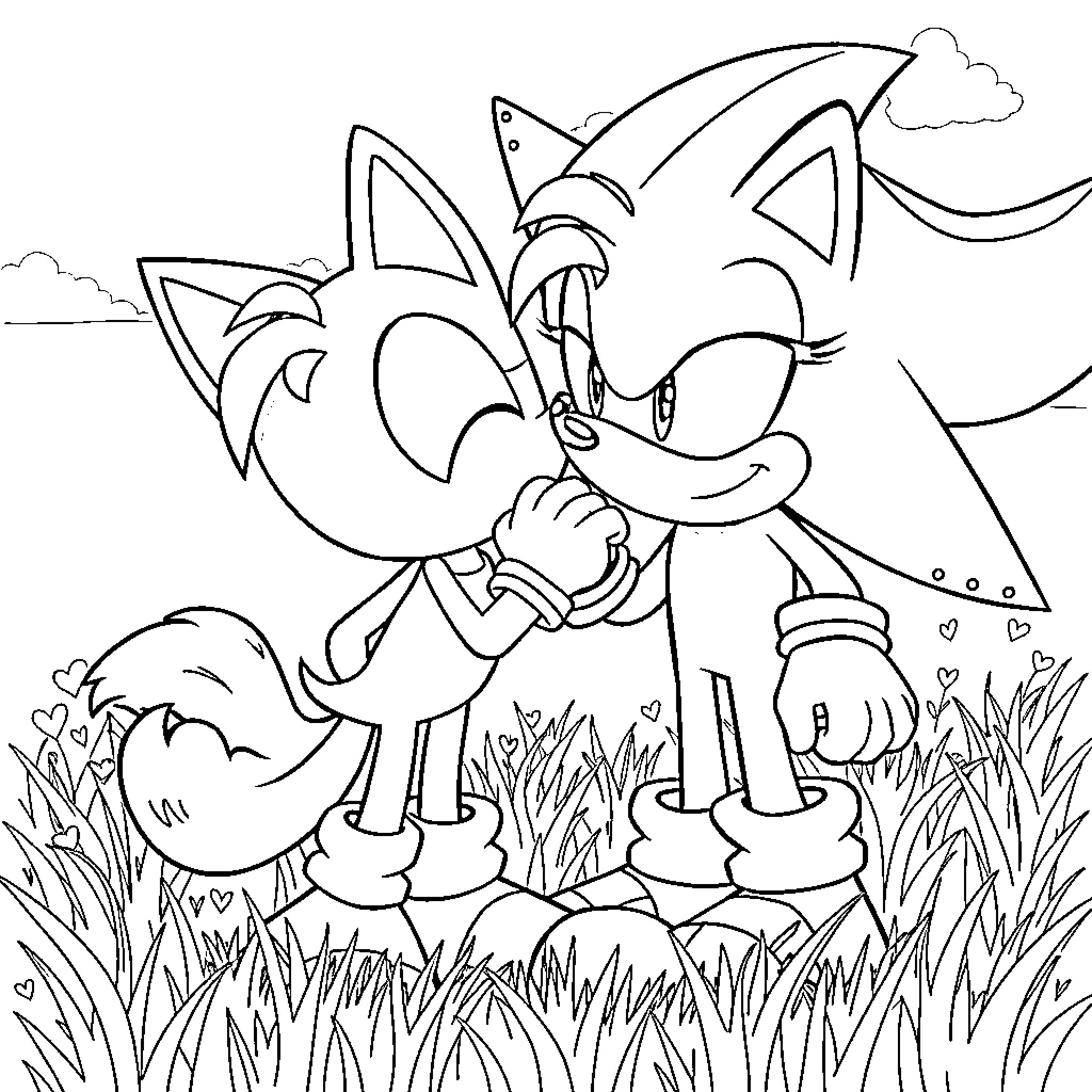 Shadow of Cheerful Cartoon Characters in Outdoor Scene Coloring Page (free black-and-white line drawing printable PDF for all, from beginners to advanced learners, including children, teens, adults, and seniors)