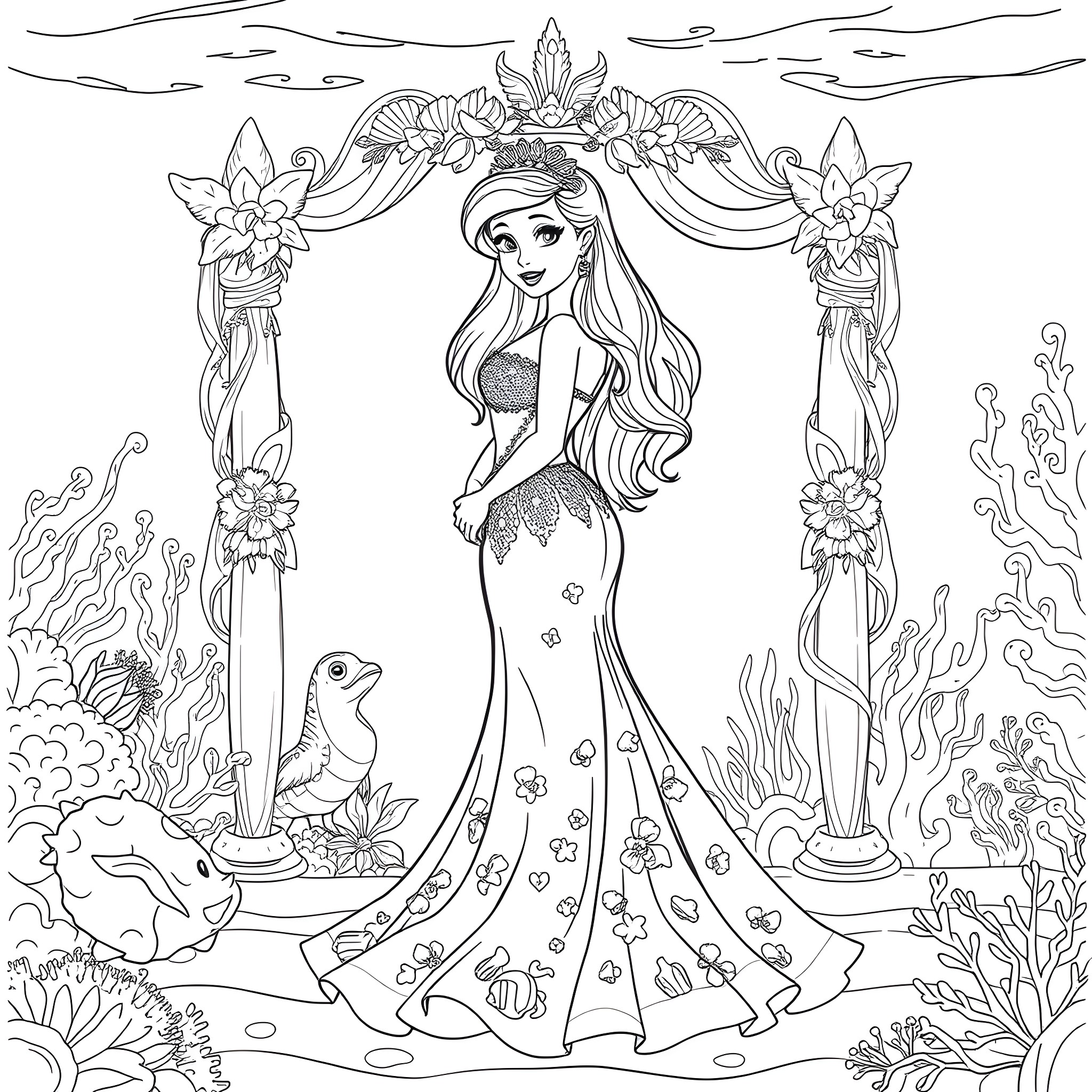 Ariel's Enchanted Underwater Realm Coloring Page (free black-and-white line drawing printable PDF for all, from beginners to advanced learners, including children, teens, adults, and seniors)
