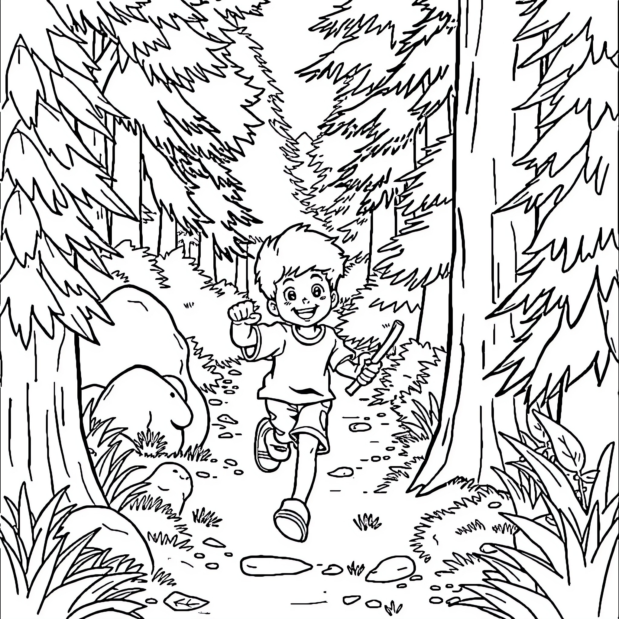 Boy exploring the enchanting forest path Coloring Page (free black-and-white line drawing printable PDF for all, from beginners to advanced learners, including children, teens, adults, and seniors)