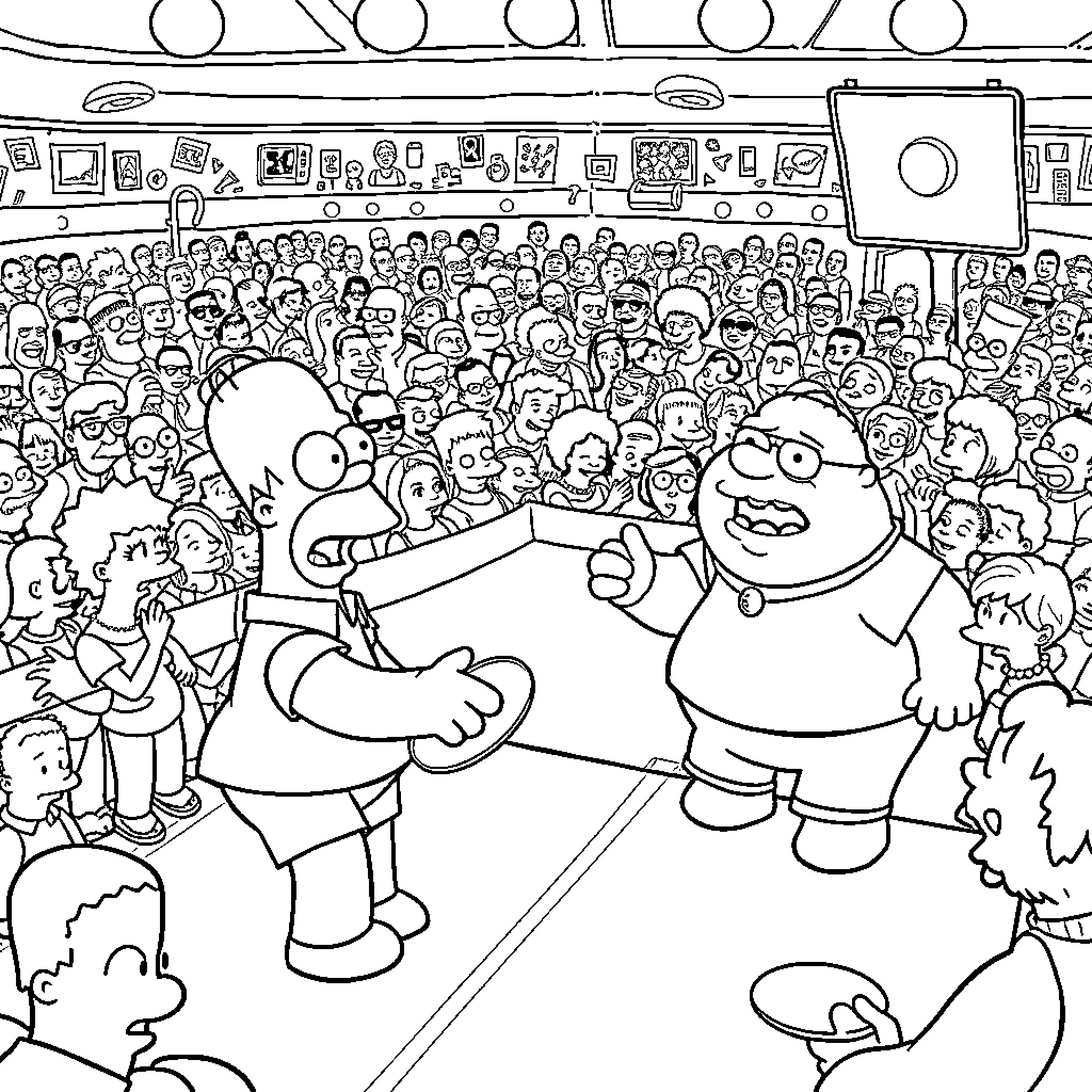 Homero Simpson entertaining a large crowd Coloring Page (free black-and-white line drawing printable PDF for all, from beginners to advanced learners, including children, teens, adults, and seniors)