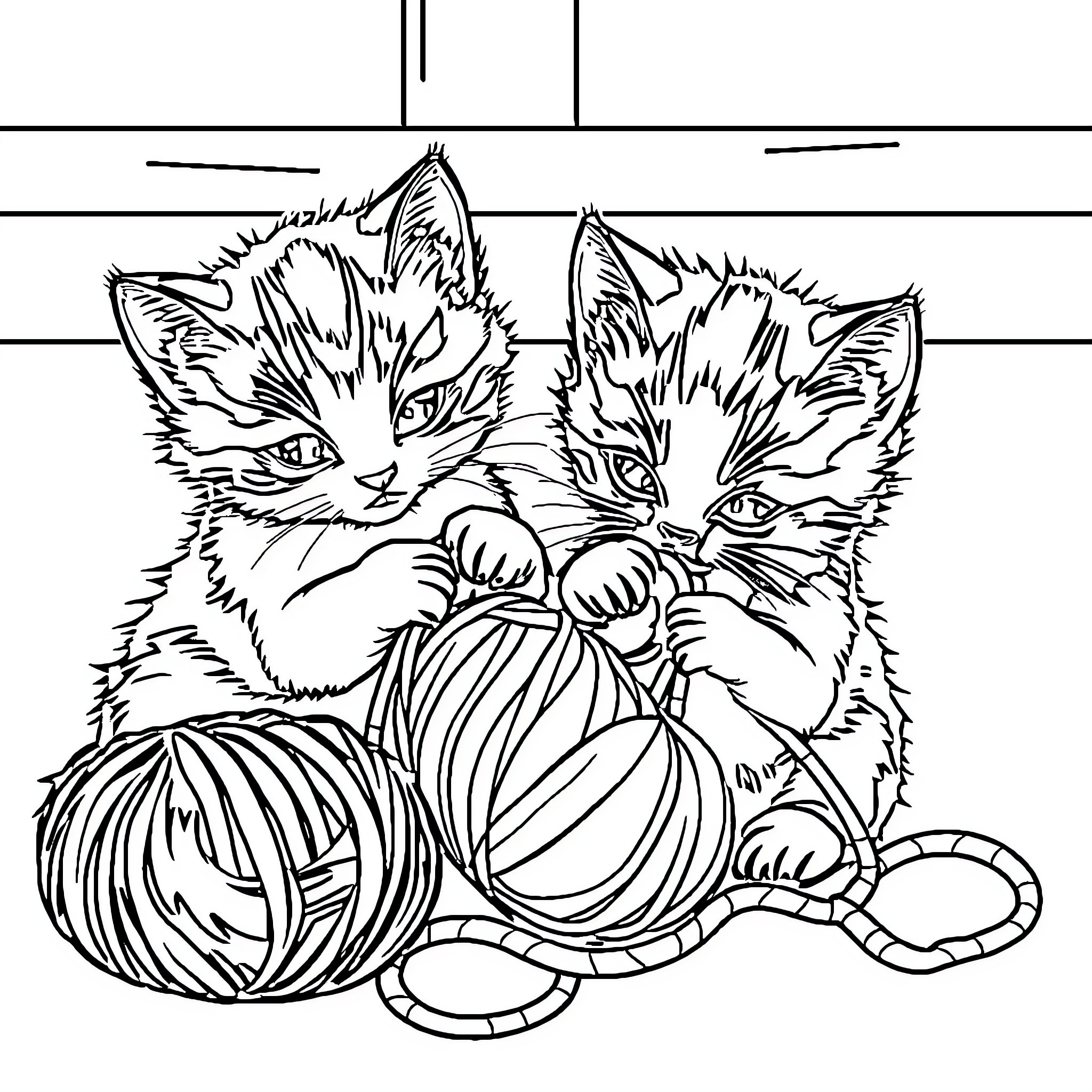 Kittens playing with yarn balls Coloring Page (free black-and-white line drawing printable PDF for all, from beginners to advanced learners, including children, teens, adults, and seniors)