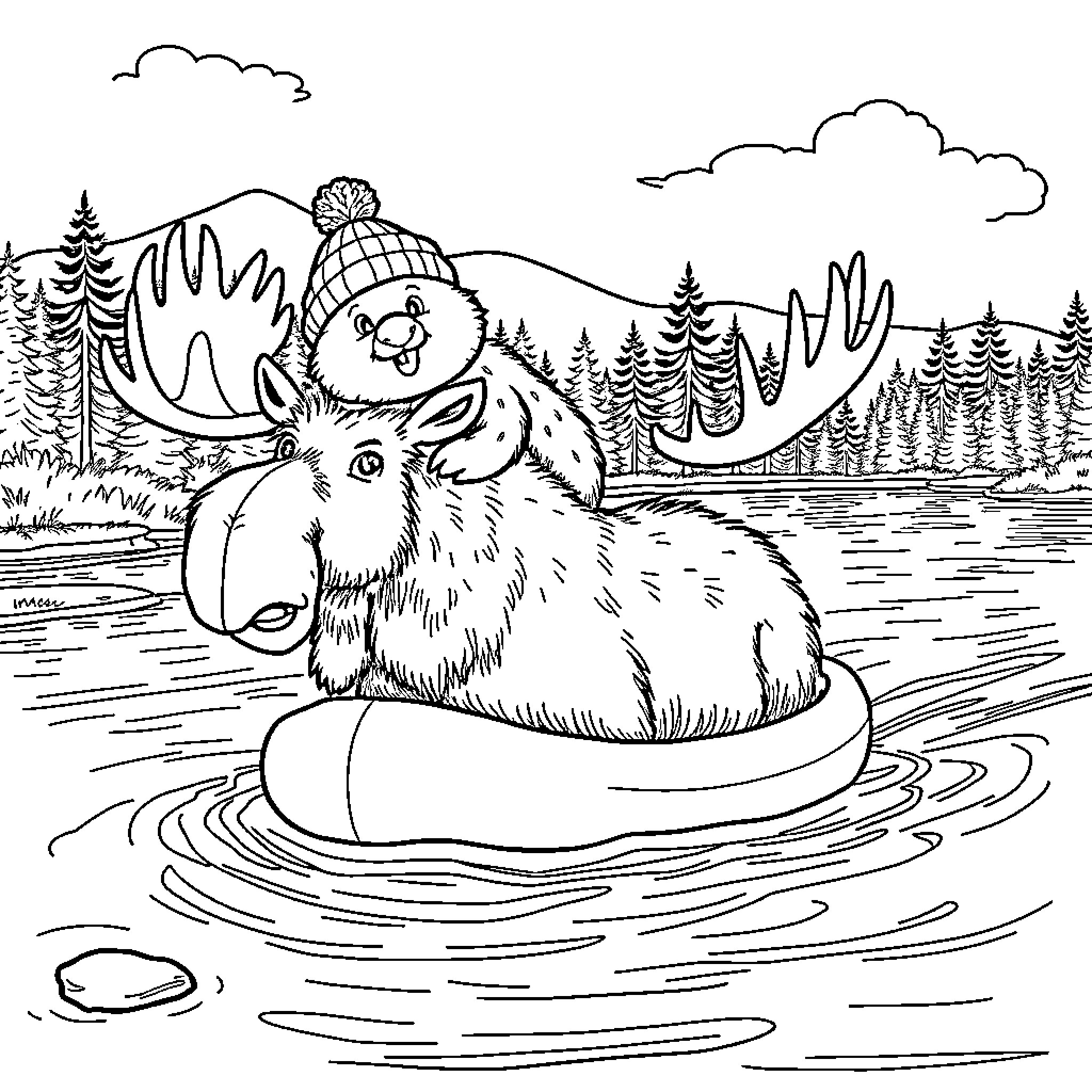 Beaver enjoying a cozy float in the wilderness Coloring Page (free black-and-white line drawing printable PDF for all, from beginners to advanced learners, including children, teens, adults, and seniors)