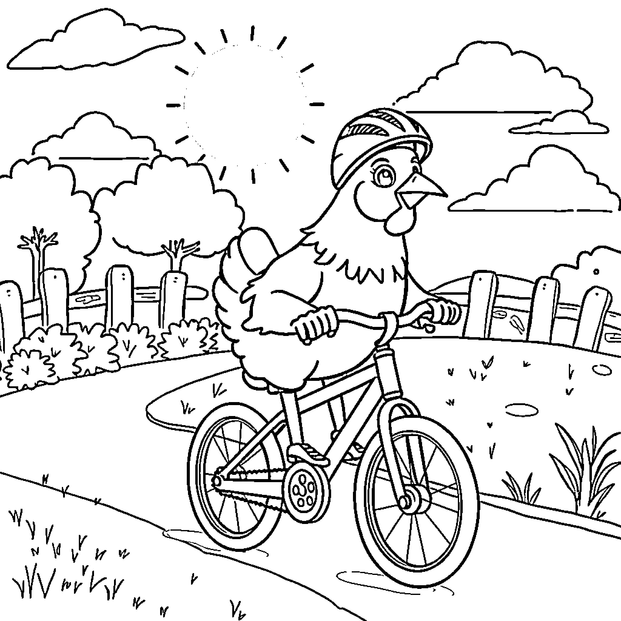 Chicken riding bicycle in countryside scene Coloring Page (free black-and-white line drawing printable PDF for all, from beginners to advanced learners, including children, teens, adults, and seniors)