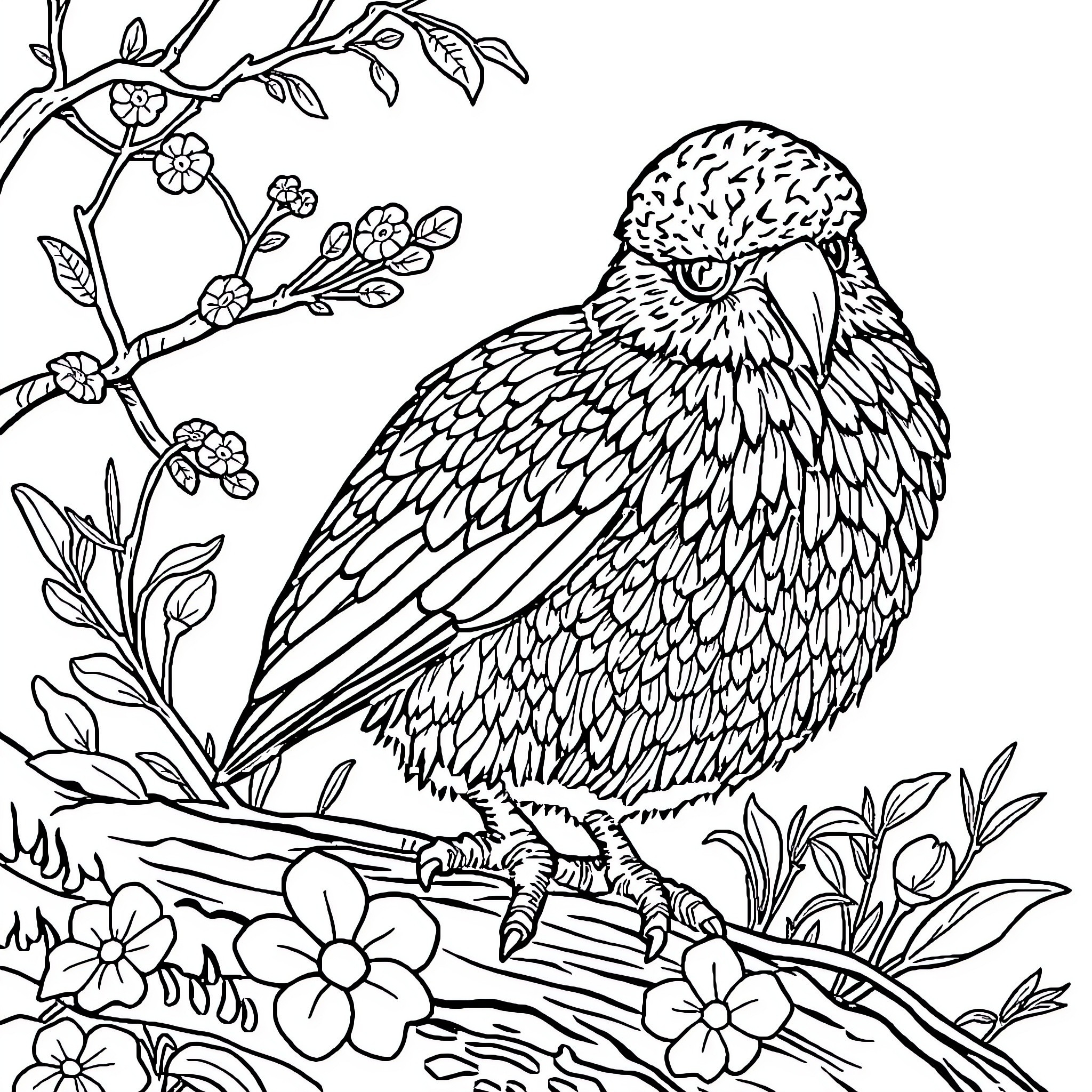 Cat and Dog in a Floral Landscape Coloring Page (free black-and-white line drawing printable PDF for all, from beginners to advanced learners, including children, teens, adults, and seniors)