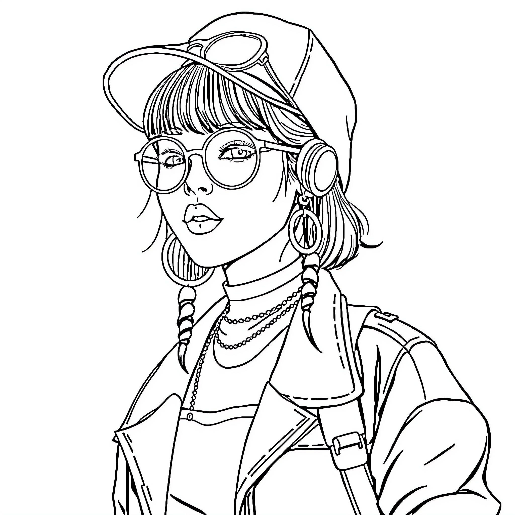 K-pop Girl in Stylish Outfit and Accessories Coloring Page (free black-and-white line drawing printable PDF for all, from beginners to advanced learners, including children, teens, adults, and seniors)