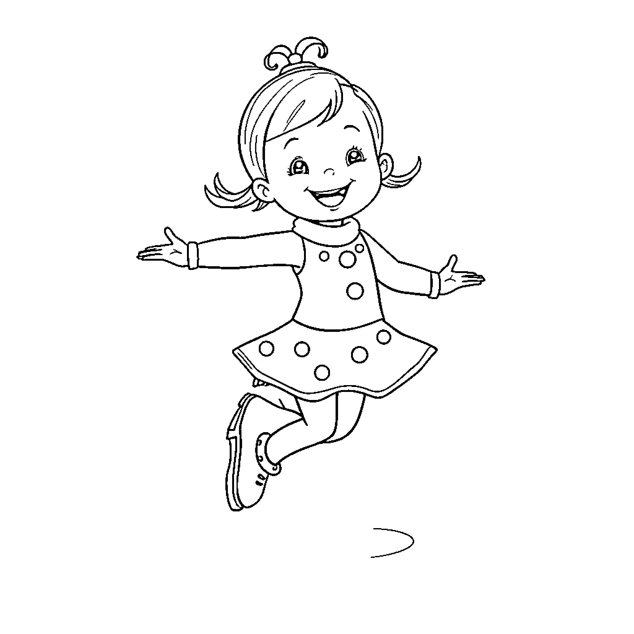 Toddler joyfully jumping in polka dot dress Coloring Page (free black-and-white line drawing printable PDF for all, from beginners to advanced learners, including children, teens, adults, and seniors)