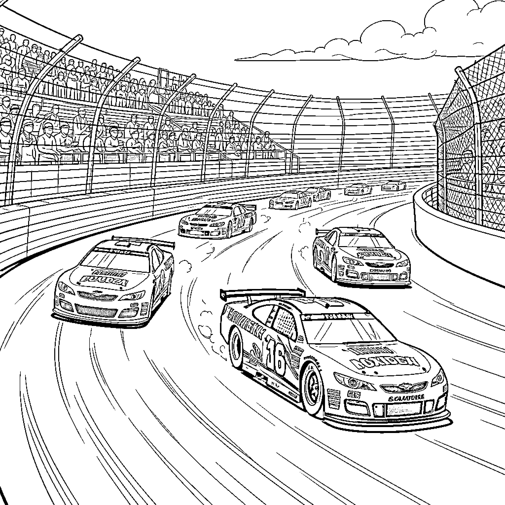 Nascar race with high-speed race cars on the track Coloring Page (free black-and-white line drawing printable PDF for all, from beginners to advanced learners, including children, teens, adults, and seniors)