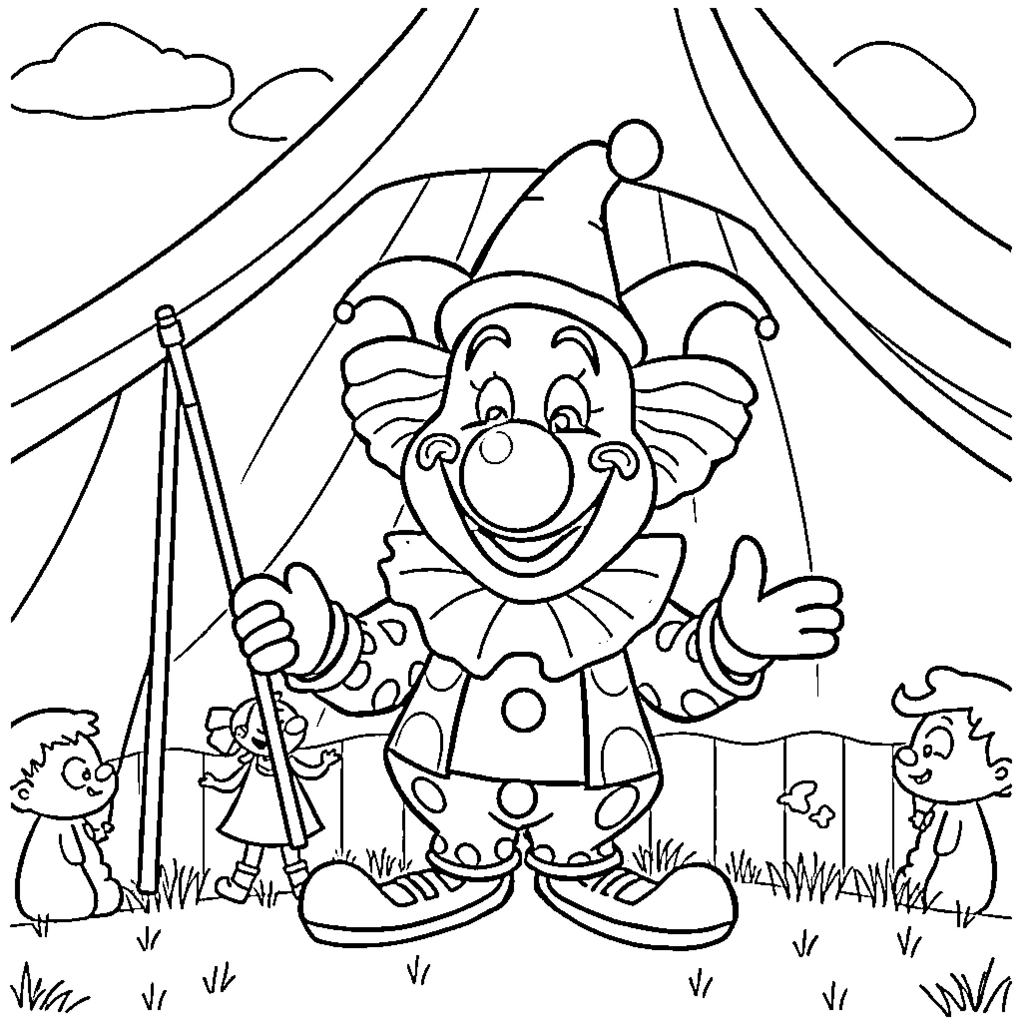 Plim Plim Clown Performs for Cheerful Crowd Coloring Page (free black-and-white line drawing printable PDF for all, from beginners to advanced learners, including children, teens, adults, and seniors)