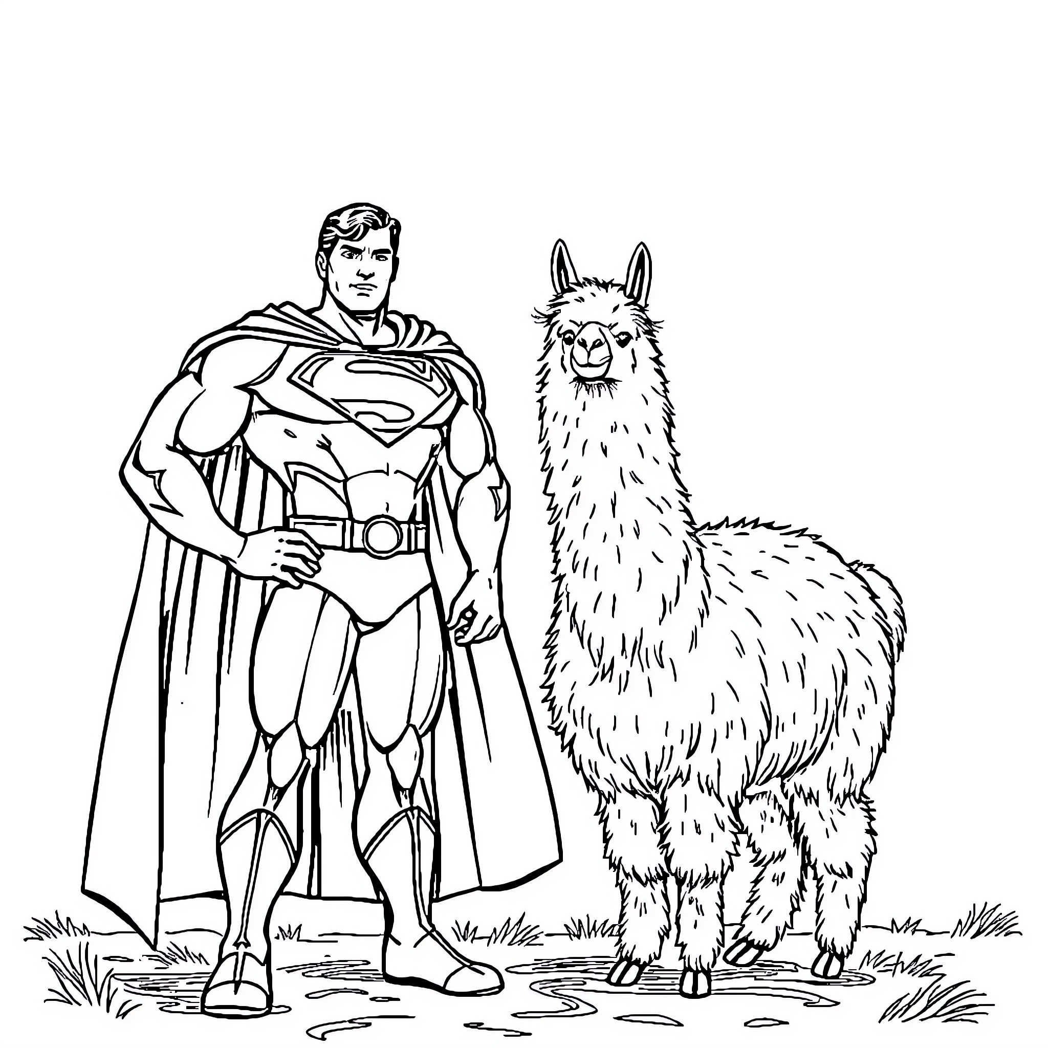 Superman standing heroically with a llama Coloring Page (free black-and-white line drawing printable PDF for all, from beginners to advanced learners, including children, teens, adults, and seniors)