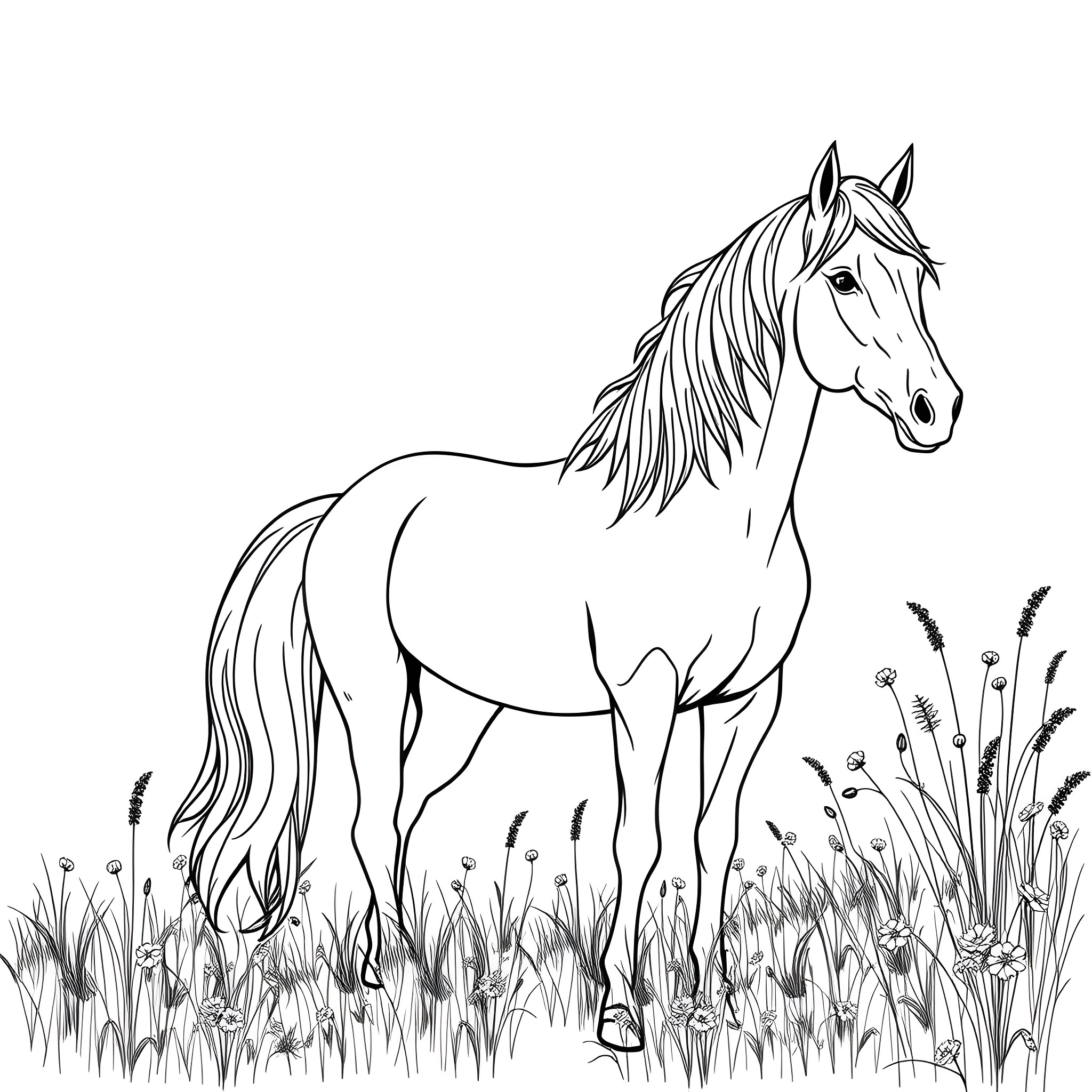 Paint Horse Standing in a Grassy Field Coloring Page (free black-and-white line drawing printable PDF for all, from beginners to advanced learners, including children, teens, adults, and seniors)