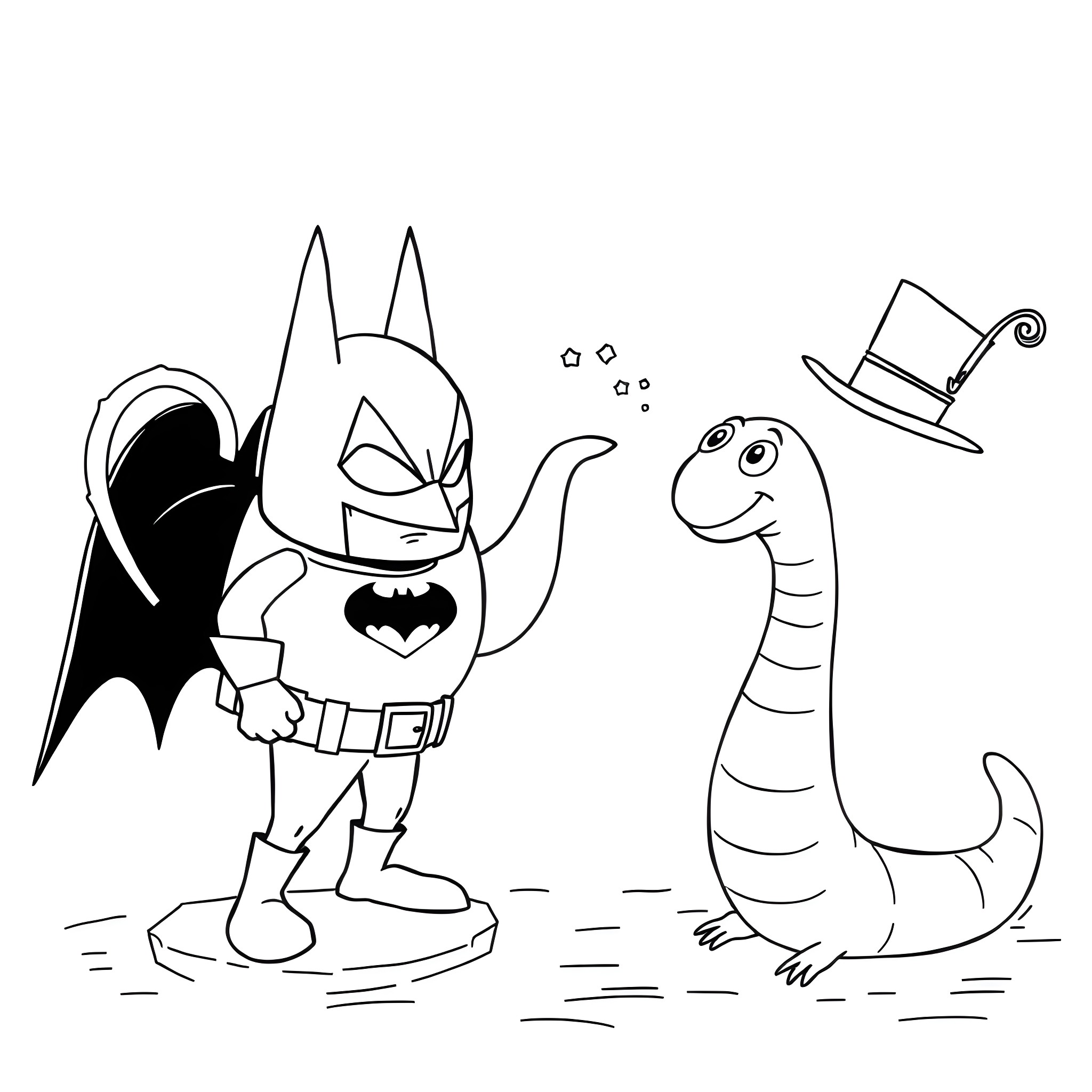Batman interacting with a friendly creature in a whimsical scene Coloring Page (free black-and-white line drawing printable PDF for all, from beginners to advanced learners, including children, teens, adults, and seniors)